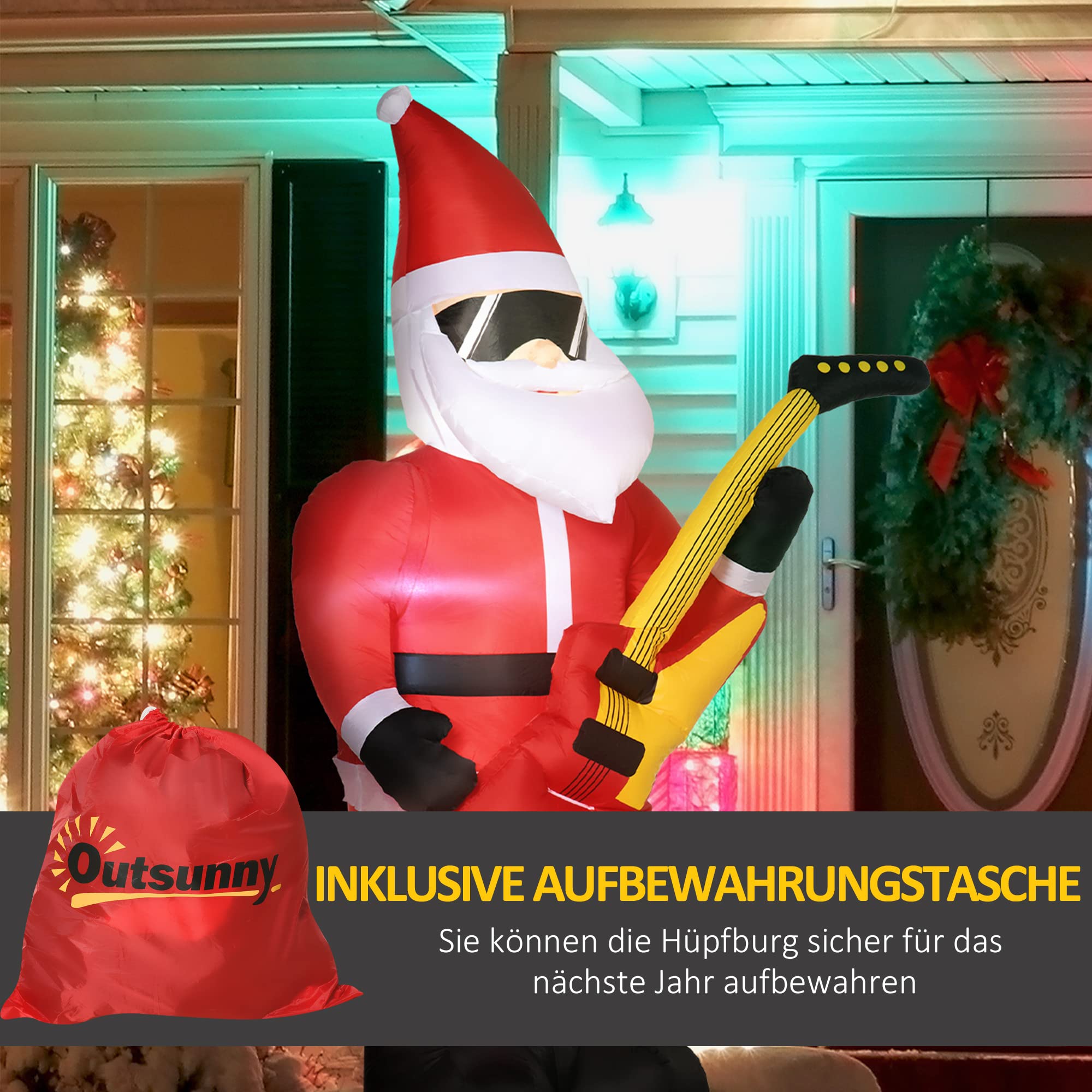 Outsunny 215 cm nadmuchiwany Święty Mikołaj z gitarą elektryczną nadmuchiwane lampki świąteczne LED samopompujące się dekoracje świąteczne wodoodporne do użytku wewnątrz i na zewnątrz