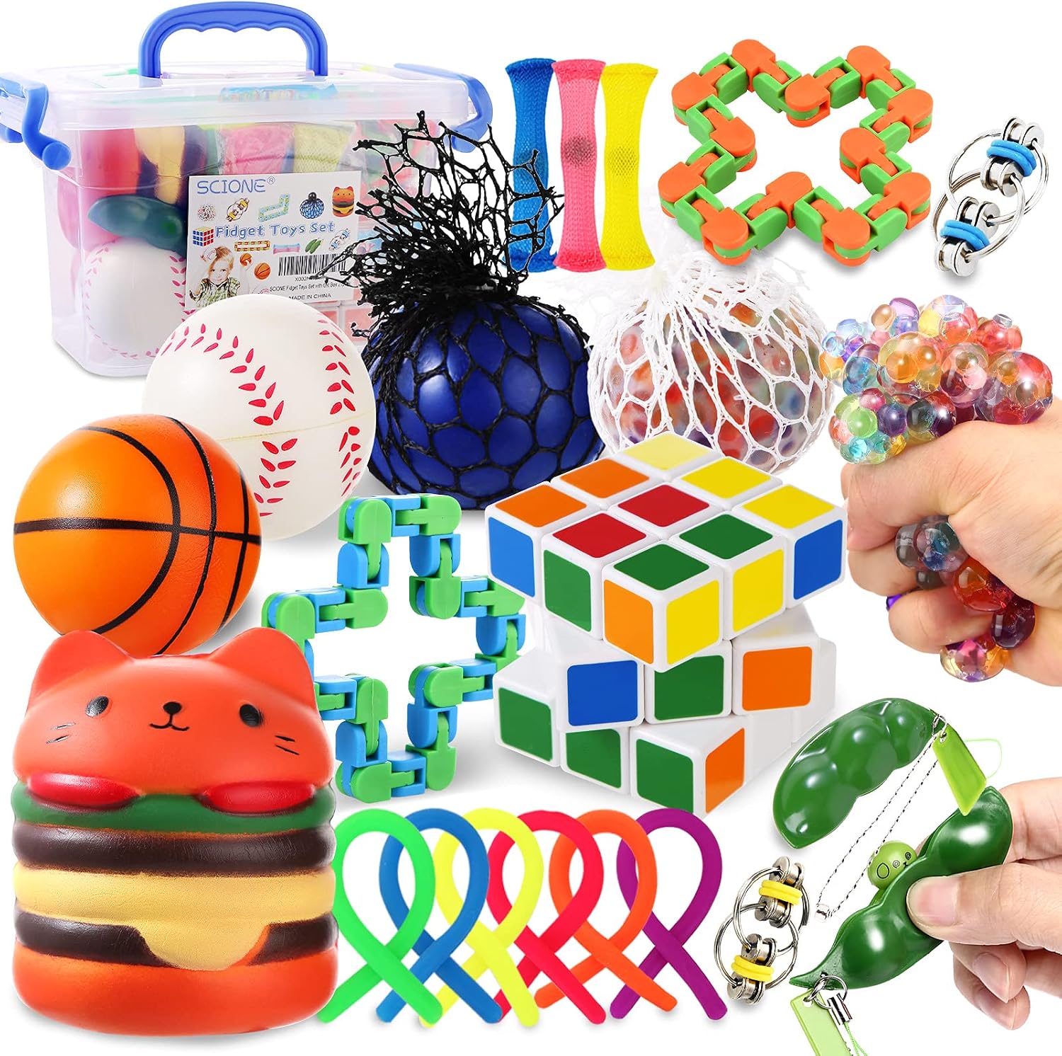 SCIONE Fidget Toys Pack Sensory Toy Set Party Favors Relief Stress Anxiety Toys for Kids Adults , Autistic ADHD Toy Kit with Storage Box, Squeeze Ball , Marble Mesh , Bike Chain , Wacky Track Snap