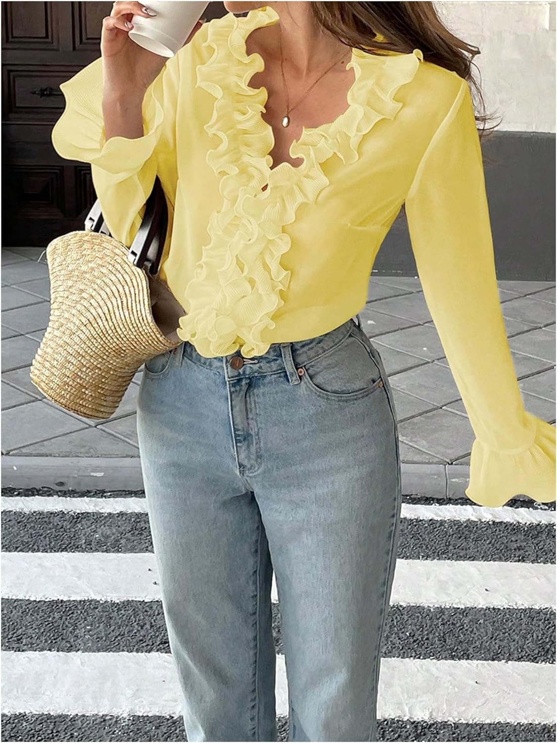 Floerns Women's Elegant V Neck Blouses Ruffle Trim Bell Sleeve Dressy Casual Shirts - Image 4