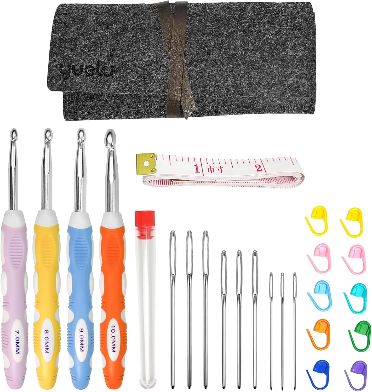 25 Pack Crochet Hook Set, Knitting Accessories Tools, Ergonomic Soft Grip Rubber Handles, 9 Pcs Aluminum Knitting Needles Kit, 1 x 1.5 Metre Tape Measure, 10 x Coloured Marking Clips, 1 x Felt Pencil