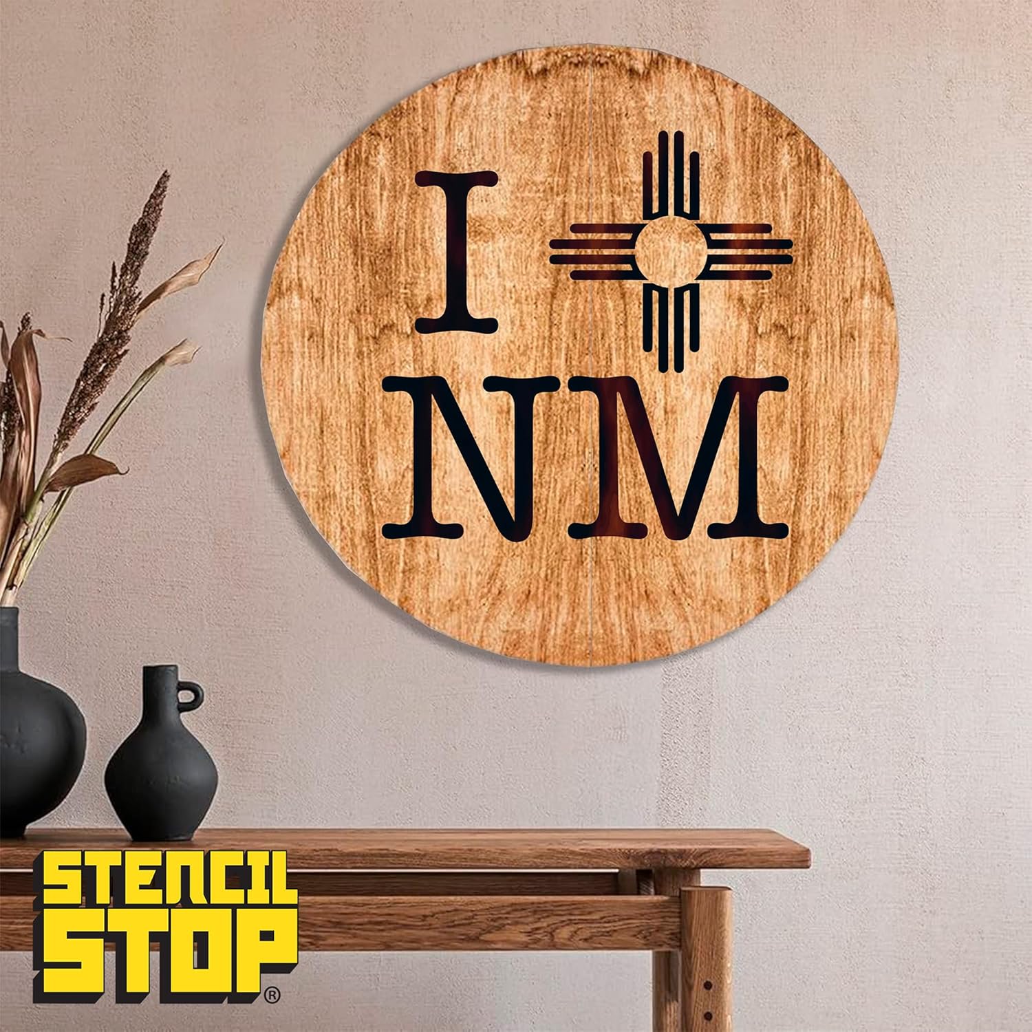 Stencil Stop I Love New Mexico with Zia Sun Stencil - Reusable for DIY Projects, Painting, Drawing, Crafts - 14 Mil Mylar Plastic (18 x 18 inches)