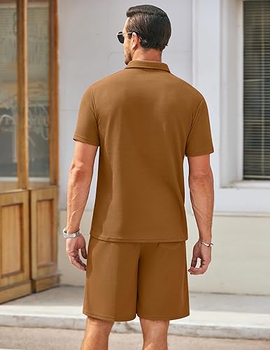 Miniatura 8 de COOFANDY Conjunto de camisa polo y pantalones cortos de punto gofre para hombre, conjunto de 2 piezas, traje de verano casual con bolsillos