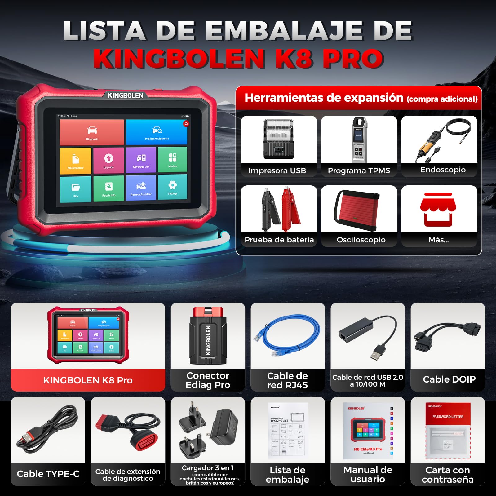 KINGBOLEN K8 Pro OBD2 Diagnosis Coche Multimarca, Bidireccional Maquina Diagnosis Coche, Codificación ECU Online,Sistema Completo Diagnosis 42+Reajustes, CANFD＆DOIP, FCA, Actualizaciones gratuitas