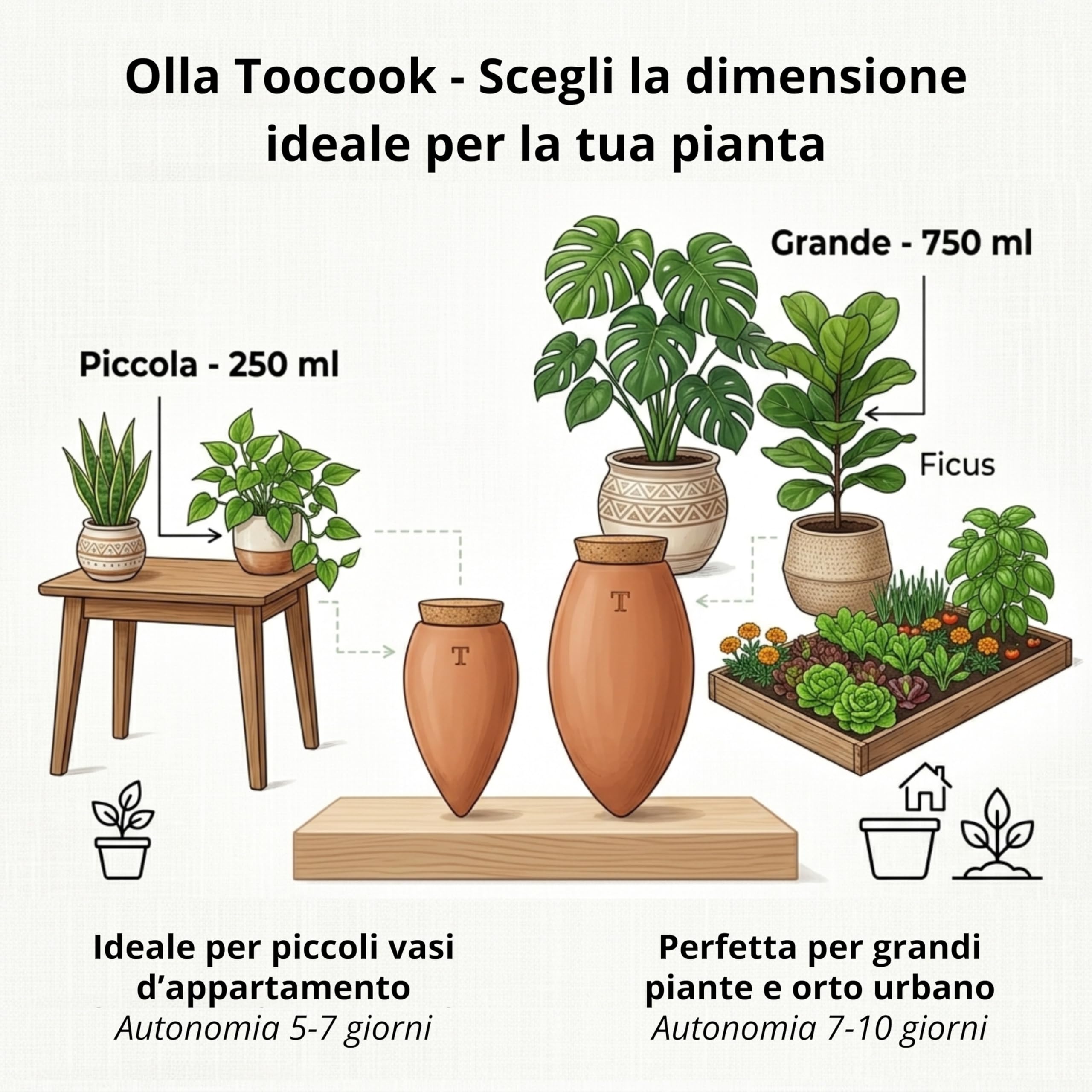Olla in Terracotta Bianca per Irrigazione Piante Grasse Autonomia 7/10 Giorni (Naturale 750 ML 2 pz)