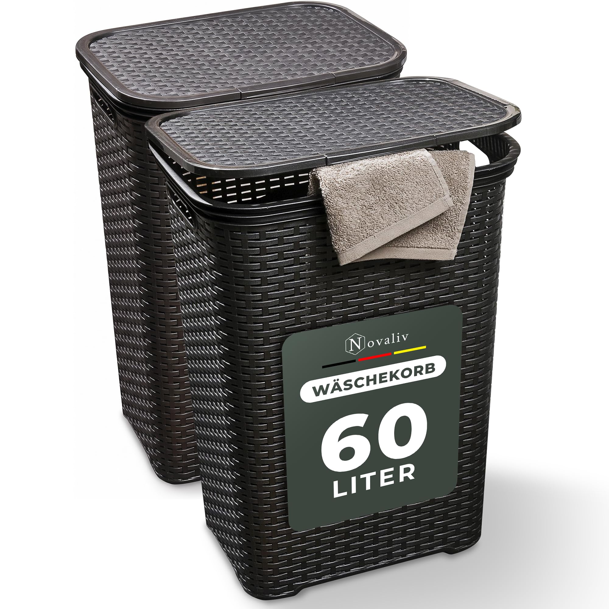Novaliv Set di 2 cestini per la biancheria, in rattan con coperchio, 60 l, colore nero, set di cestini per la biancheria, moderno per il bagno, biancheria sporca, cestino per la biancheria, cestino da