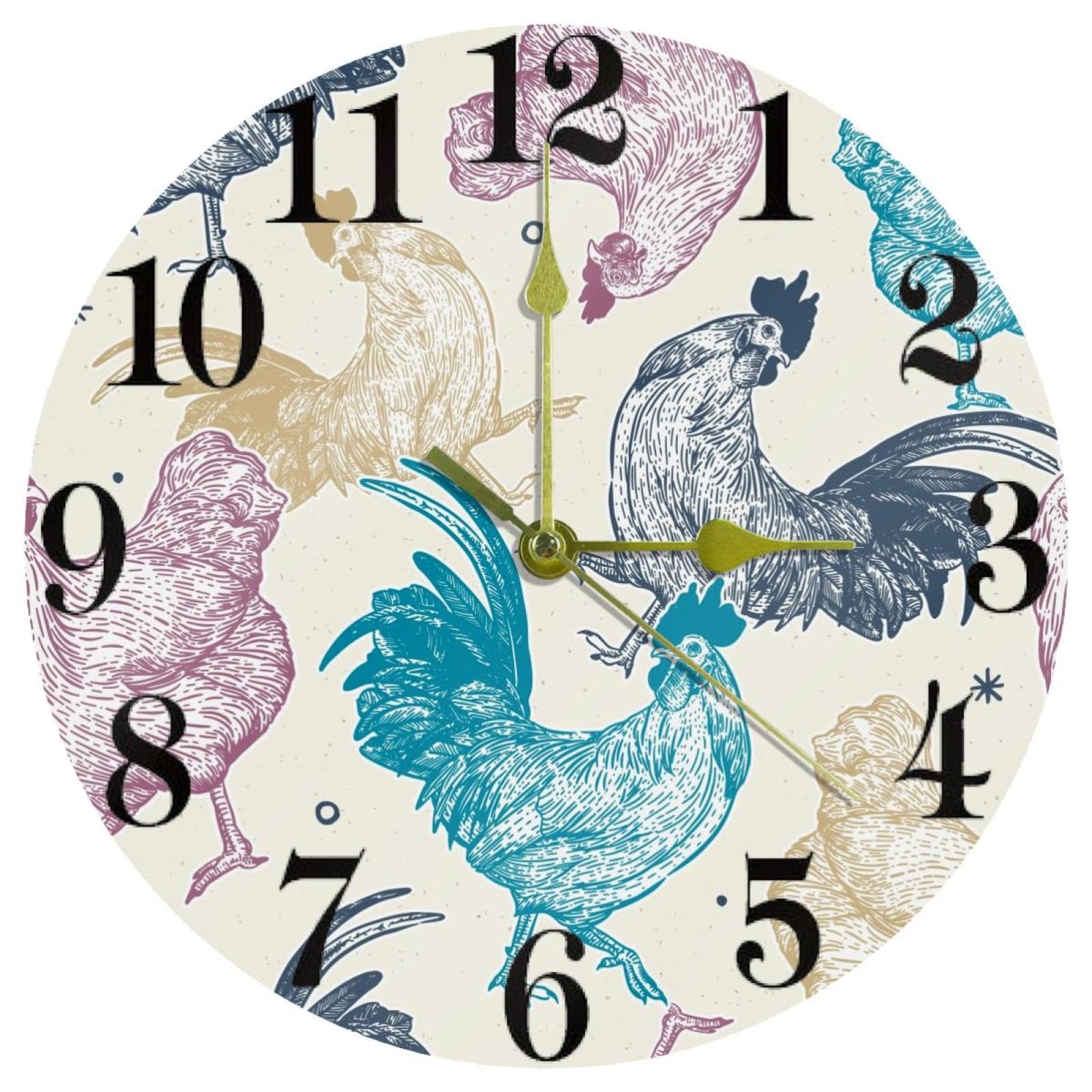 Horloge murale cuisine avec poules dessinées à la main horloge ronde silencieuse à quartz