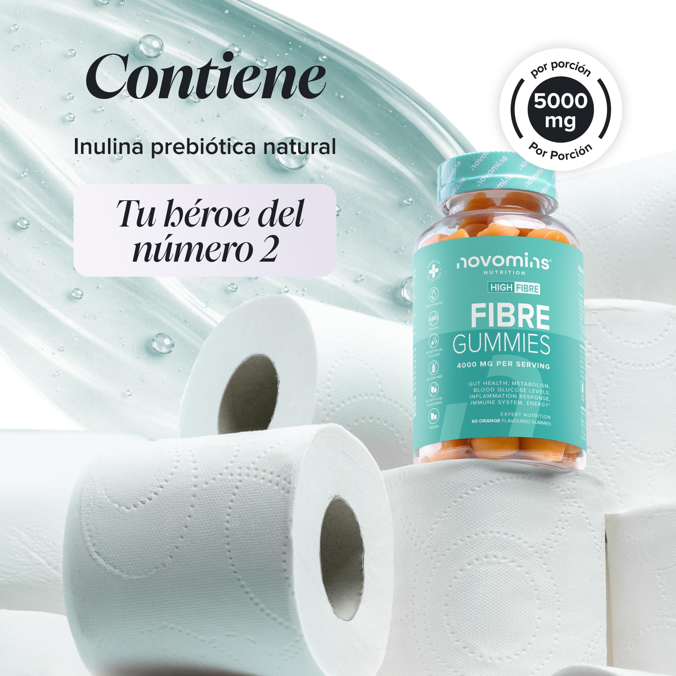 Fibra Gominolas 4000 mg | 60 Gominolas con Inulina | Sin Gluten | Novomins | con Vitamina D, B12, Cromo | Suplemento con Inulina para la Salud Intestinal y Sistema Digestivo | Sabor a Naranja