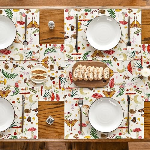 Miniatura 5 de Artoid Mode Juego de 4 manteles individuales modernos de hongos beige de 12 x 18 pulgadas para decoración de fiestas, cocina, comedor