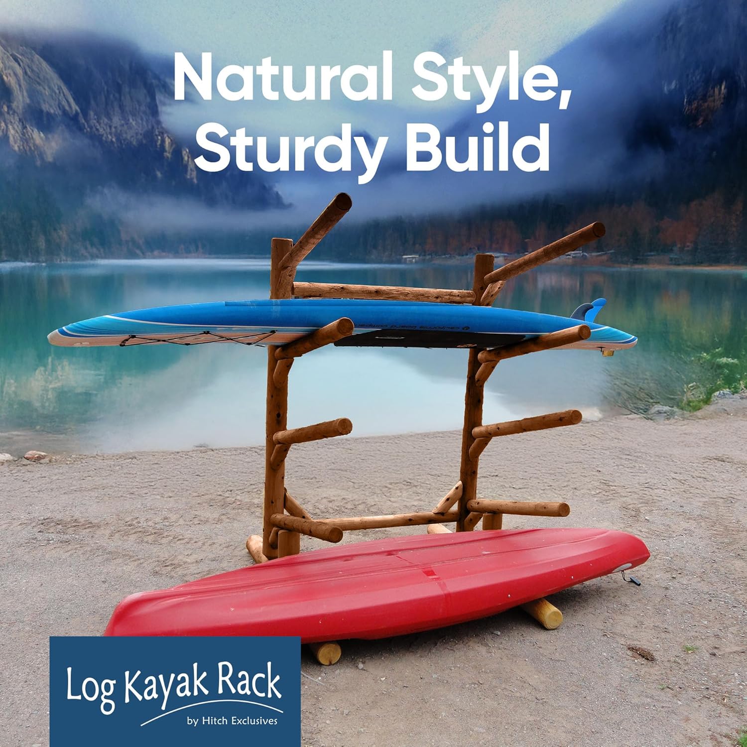 Log Kayak Rack 4-Place, One-Sided Kayak and SUP Log Racks, Surfboard Stand, Freestanding Outdoor Storage Rack, Surfboard Storage Racks, SUP Board Stand, Kayaks, Surfboards