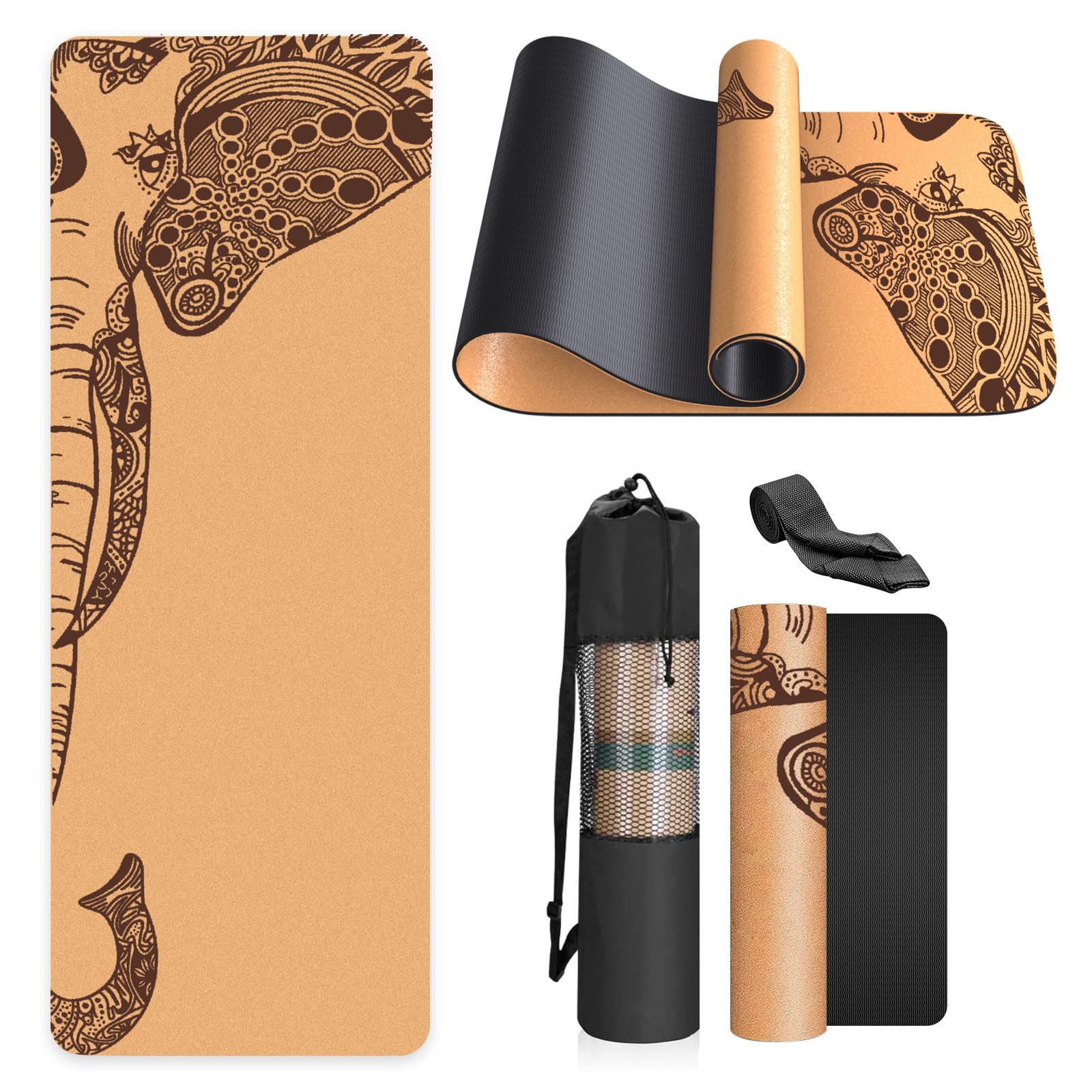 Haninj® Yogamatte-Kork, Rutschfest, Einzigartiges Design, Extradick Natürlicher Kork, TPE Fitness-Trainingsmatte mit Tragetasche und Gurt, für Zuhause, Pilates, Aerobic Fitnessstudio und Workout
