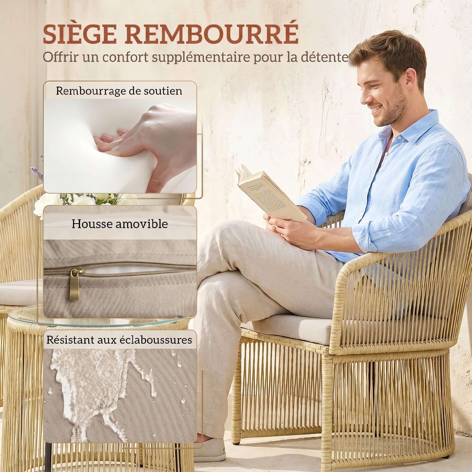 Outsunny Salon de Jardin en Résine Tressée pour 2 Personnes Table Crème | Mobilier d'Extérieur, 2 Chaises, Plateau en Verre, Coussins Inclus, Idéal Balcon, Terrasse, Patio
