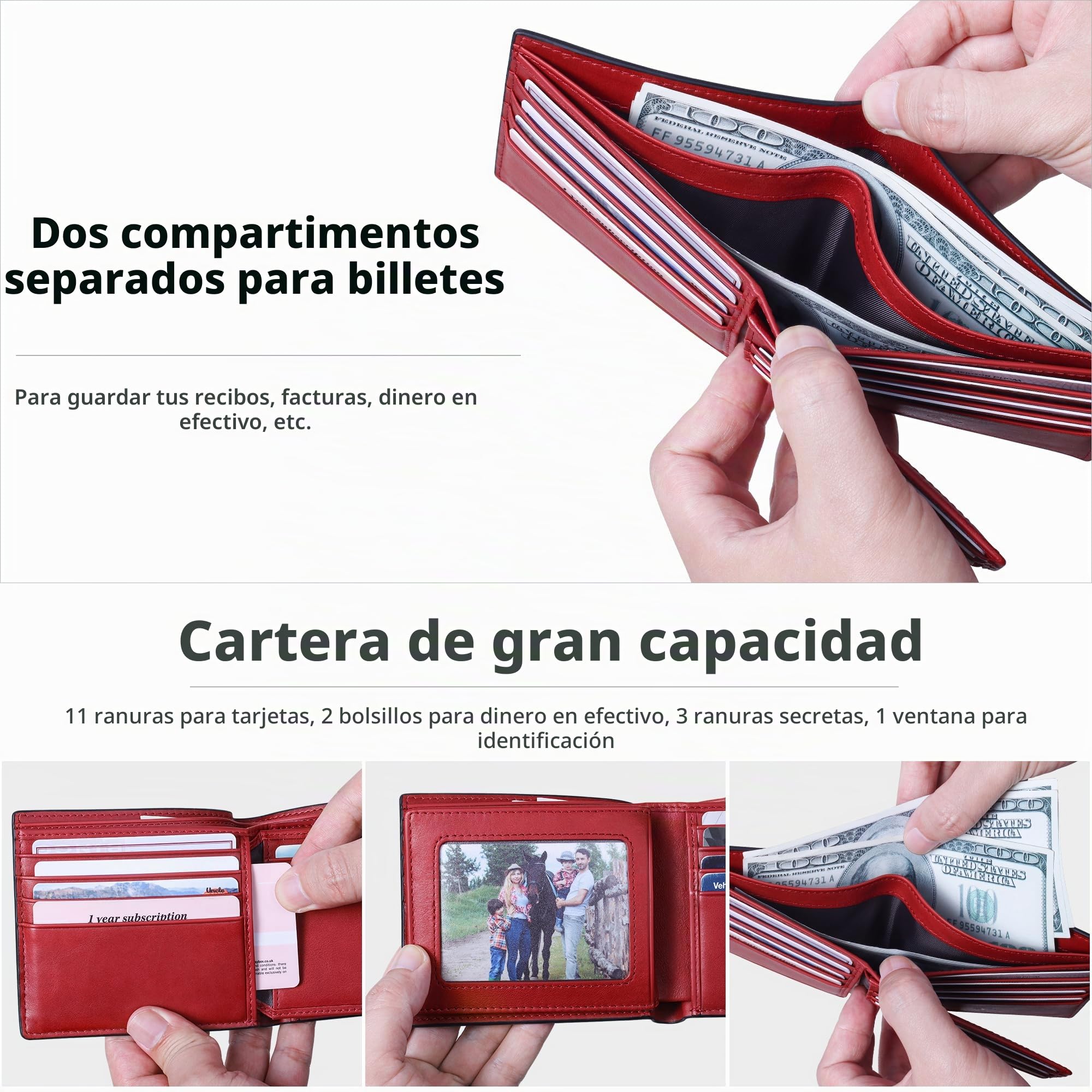 VISOUL Hombre de Fibra de Carbono de Cuero Billeteras Bifold con Bloqueo RFID, Cuero Genuino Cartera con 1 Ventana de ID, 2 Bolsillos para Billetes y 14 Ranuras para Tarjetas(Carbono Negro+Rojo)