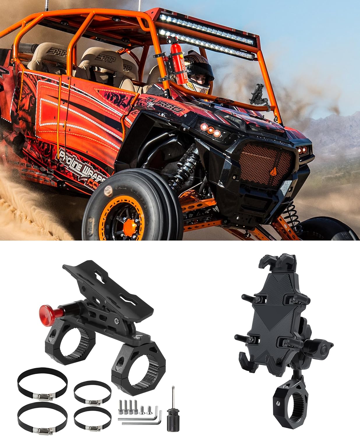 UTV Fire Extinguisher Mount Kits with Phone Holder, Roll Bar Mount Fit for 1.75" -2" Roll Cage, Compatible with Polaris RZR/Can Am X3/Jeep Wrangler, UTV Accessories Gift for Men and Women