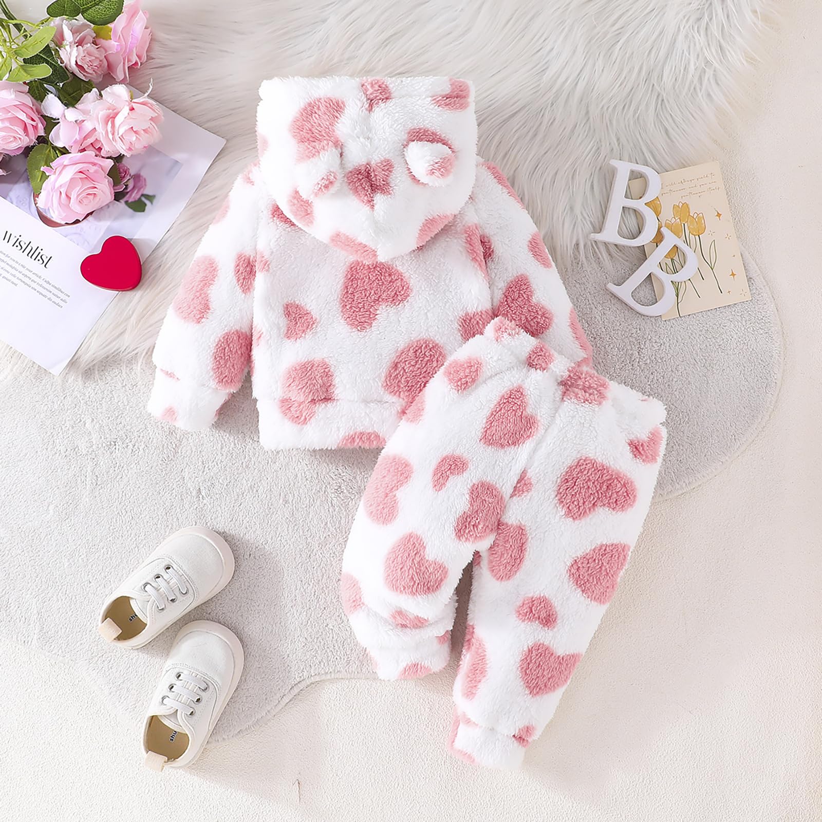 Kunyeah 2 szt. ubranka dla dziewczynek z polaru, dla małych dzieci, pluszowe, bluza dla noworodków, długi rękaw, zestaw spodni, ciepłe bluzy z kapturem, strój