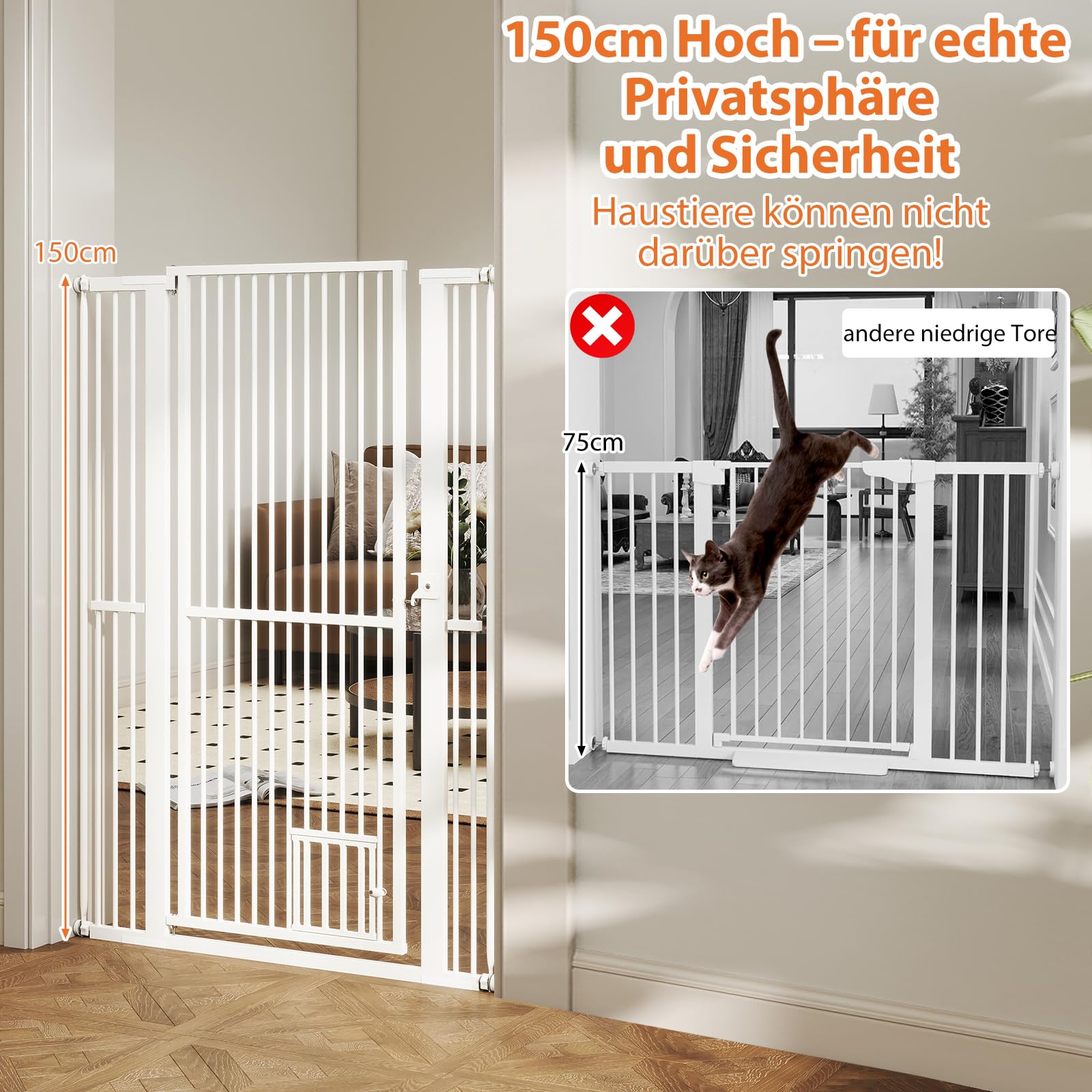 GOLPUS Türschutzgitter 150cm, Türgitter Hunde extra hoch, Haustiergitter mit Kleiner Tür, 77-104 cm breit, Hundegitter mit 2 Erweiterungssätze, abschließbes Sicherheitsgitter ohne Bohren, Weiß