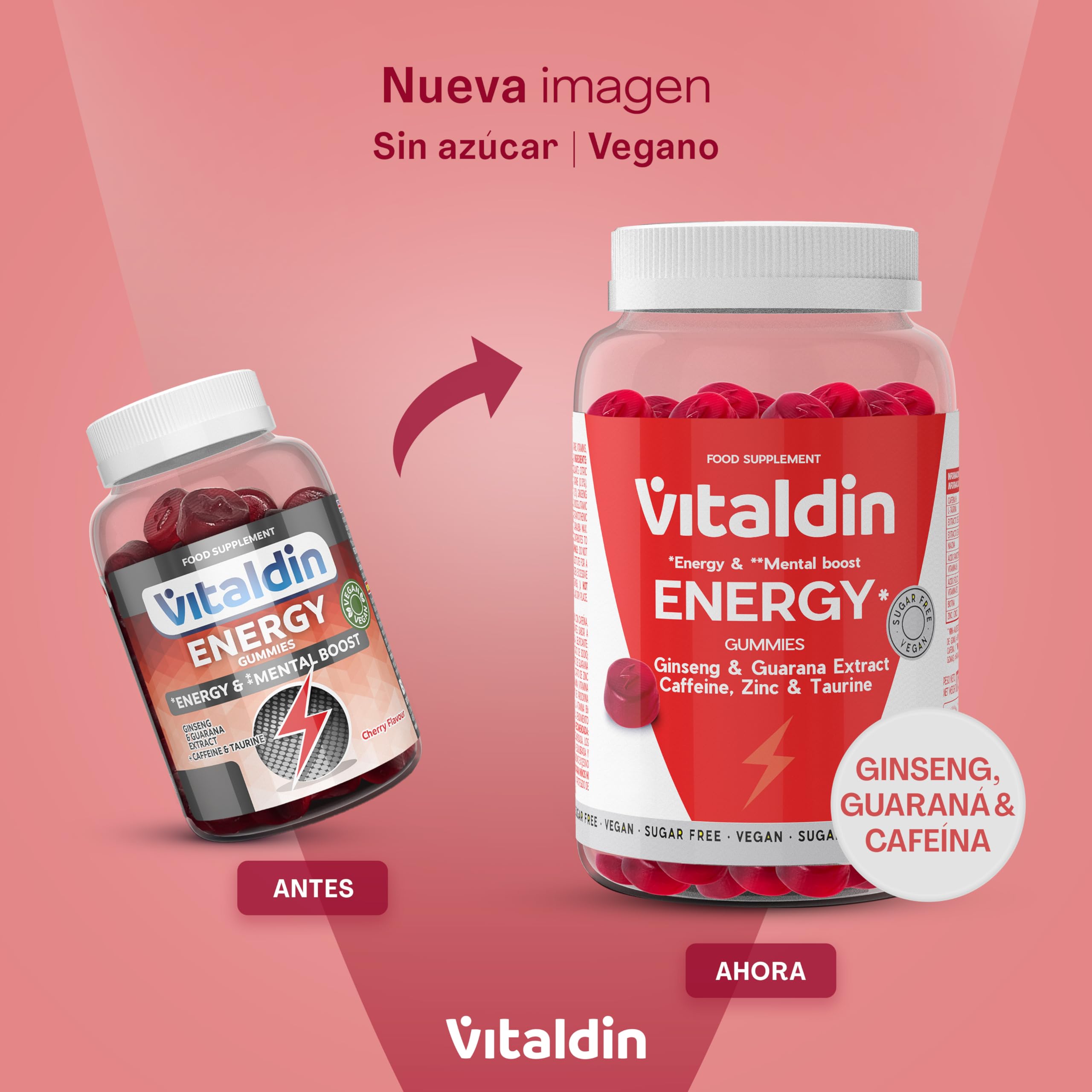 VITALDIN Energy Gummies –Gominolas Energéticas Veganas y Sin Azúcares añadidos–Con Ginseng,Guaraná,Cafeína,Taurina y Vitaminas B–Mejora la Concentración y Reduce la Fatiga–Sabor Cereza–70 gomas