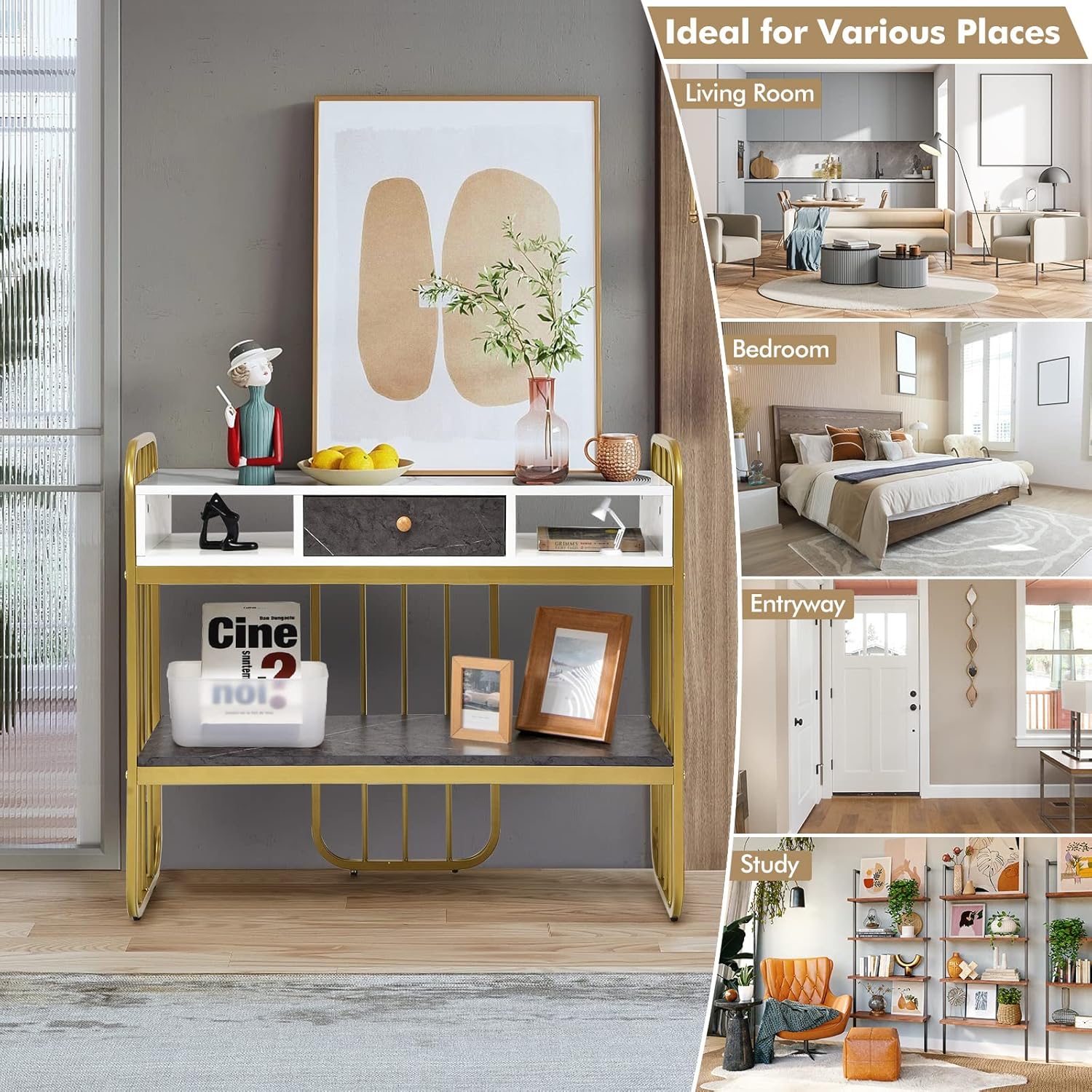 Giantex Console Table for Entryway, Sofa Table with Drawer, Storage Shelf, Metal Frame, Narrow Long Sofa Side Tables for Living Room, Dining Room, Kitchen, Faux Marble Entryway Table (Gold)