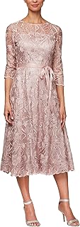 Women's Tea Length Embroidered Cocktail Dress with Illusion Sleeves, Wedding Guest (Petite and Regular Sizes) - Buy now