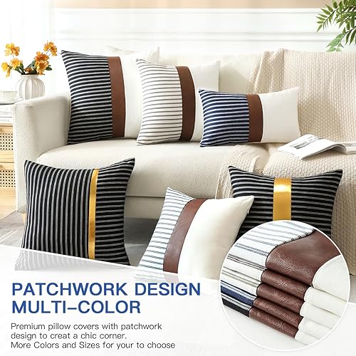 Miniatura 6 de OTOSTAR Paquete de 2 fundas de almohada decorativas de piel sintética a rayas de 18 x 18 pulgadas, fundas de cojín cuadradas modernas para sofá,