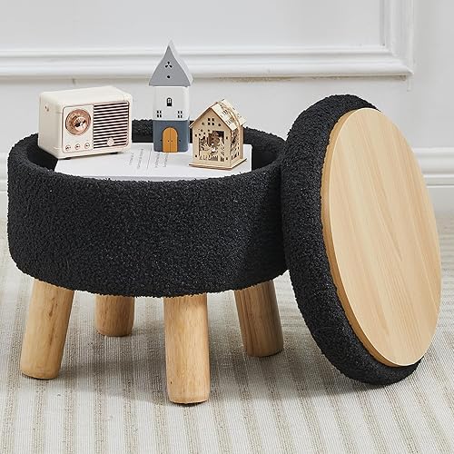 Miniatura 22 de Taburete otomano pequeño con almacenamiento, reposapiés otomano de piel sintética suave para sofá, reposapiés redondo con almacenamiento, otomanas