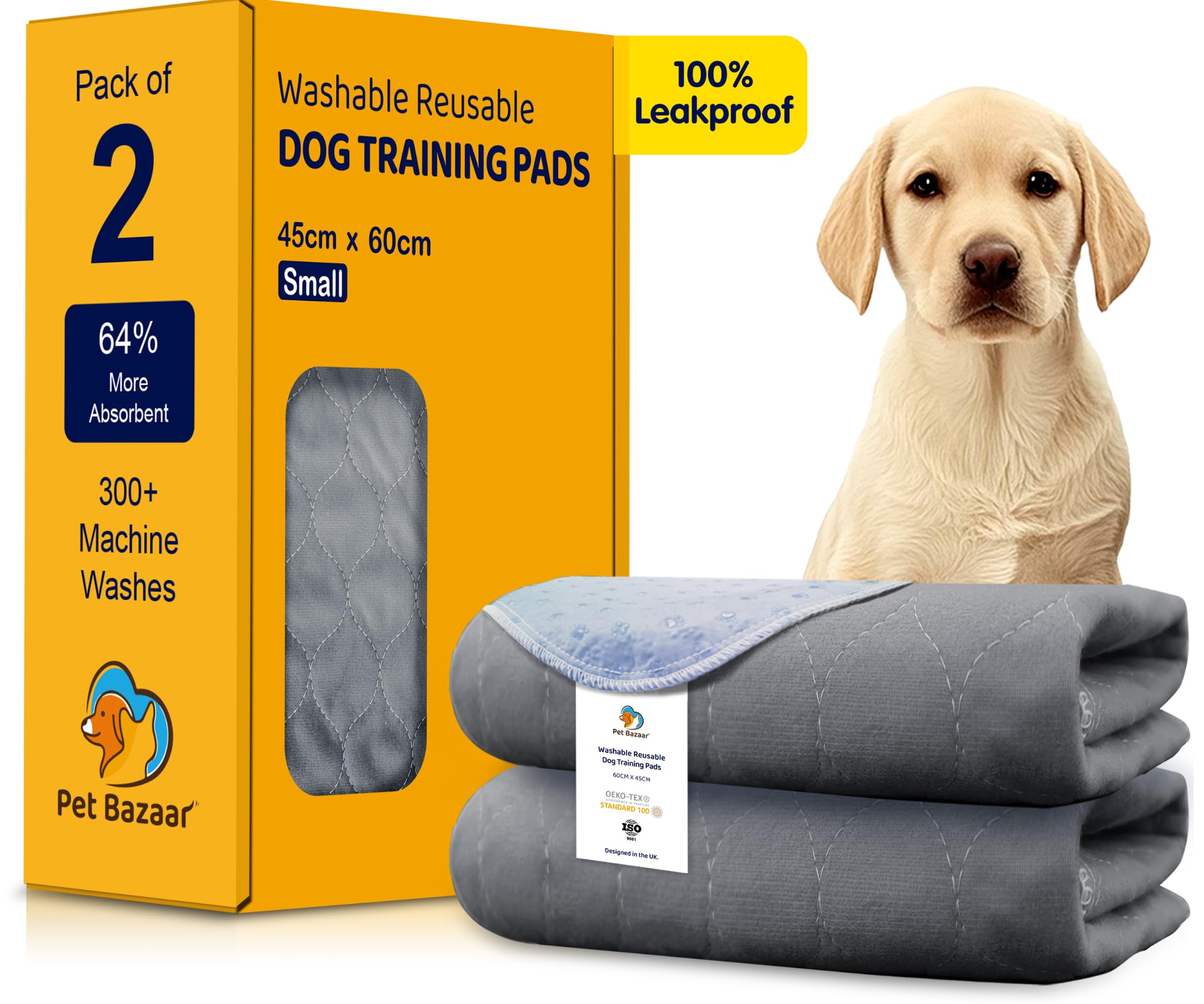 Pet Bazaar Washable Puppy Training Pads, 45x60cm Reusable Dog Pee Mats with Non-Slip Base and Waterproof Layer, Pack of 2, Grey
