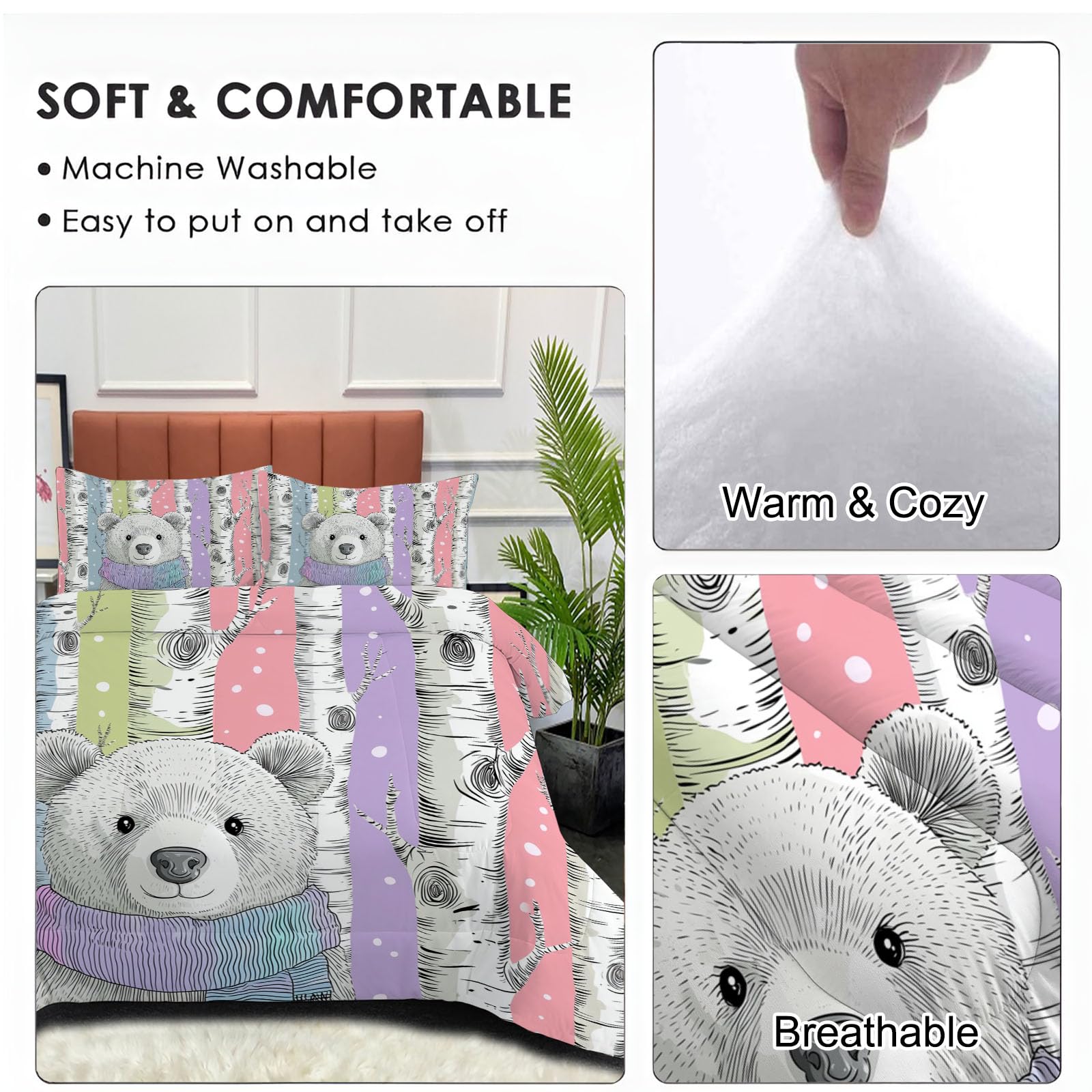 Trapunta Letto Matrimoniale 4 Stagioni Piumone per Bambini, Cartone Animato Panda Leggero Betulla Strisce Set di Biancheria da Letto 200x200cm con 2 Federe,Piumino Lavabile In Lavatrice