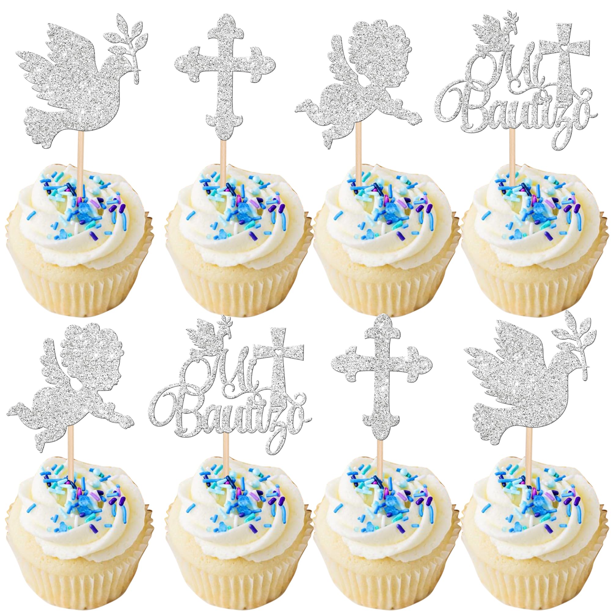 Xsstarmi 24 Pack Mi Bautizo Cupcake Toppers Glitter Cross Dove Cupcake Picks Baby Baptism Cake Decorations for Christian Religious Baby Shower Birthday Party Supplies Silver