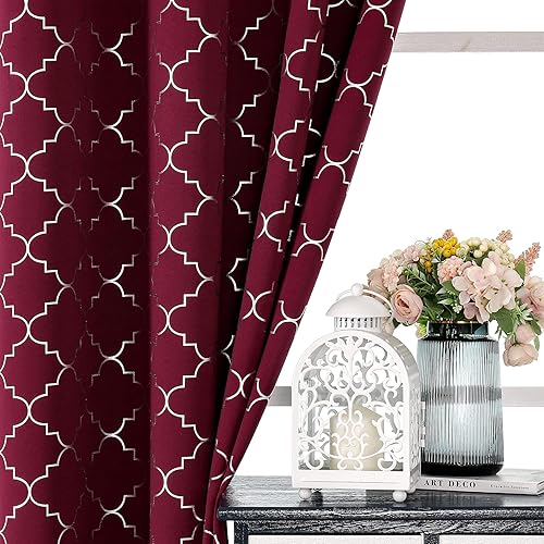 Cortinas opacas completas con aislamiento térmico de 84 pulgadas para dormitorio, cortinas rojas burdeos con patrón geométrico plateado, cortina de
