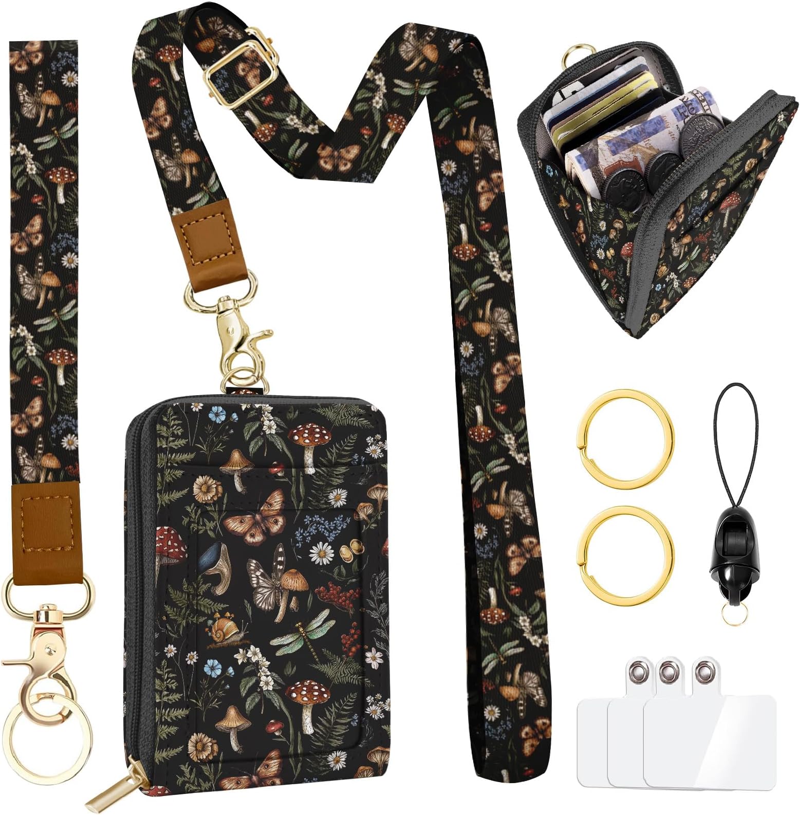 bolimoss Mushroom Lanyard for Wallet, Boho ID Badge Holder & Lanyard Wallet, Cute RFID Leather Keychain Wallets with Breakaway Wrist & Neck Lanyards for Women Worker Teacher Student Nurse