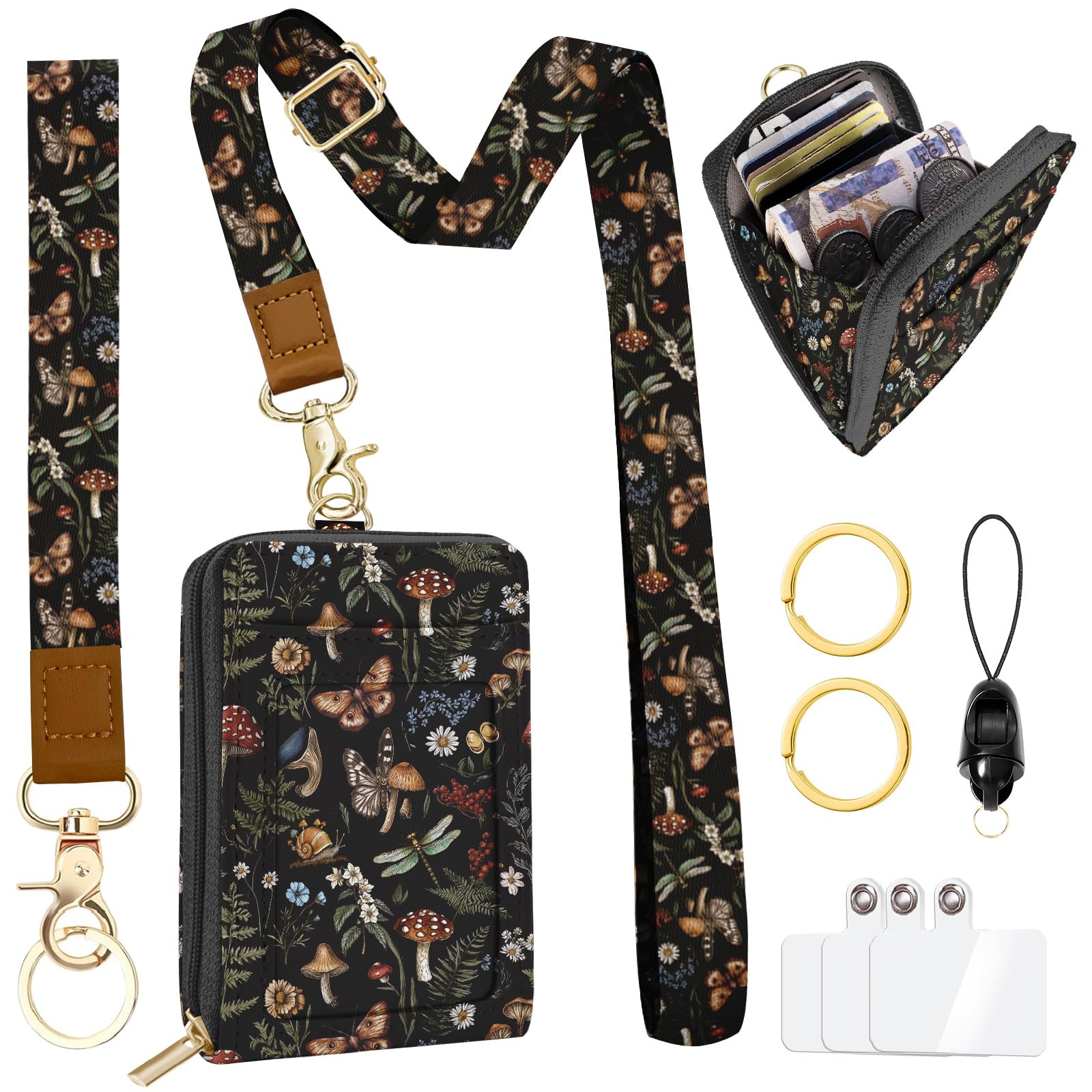 bolimoss Mushroom Lanyard for Wallet, Boho ID Badge Holder & Lanyard Wallet, Cute RFID Leather Keychain Wallets with Breakaway Wrist & Neck Lanyards for Women Worker Teacher Student Nurse