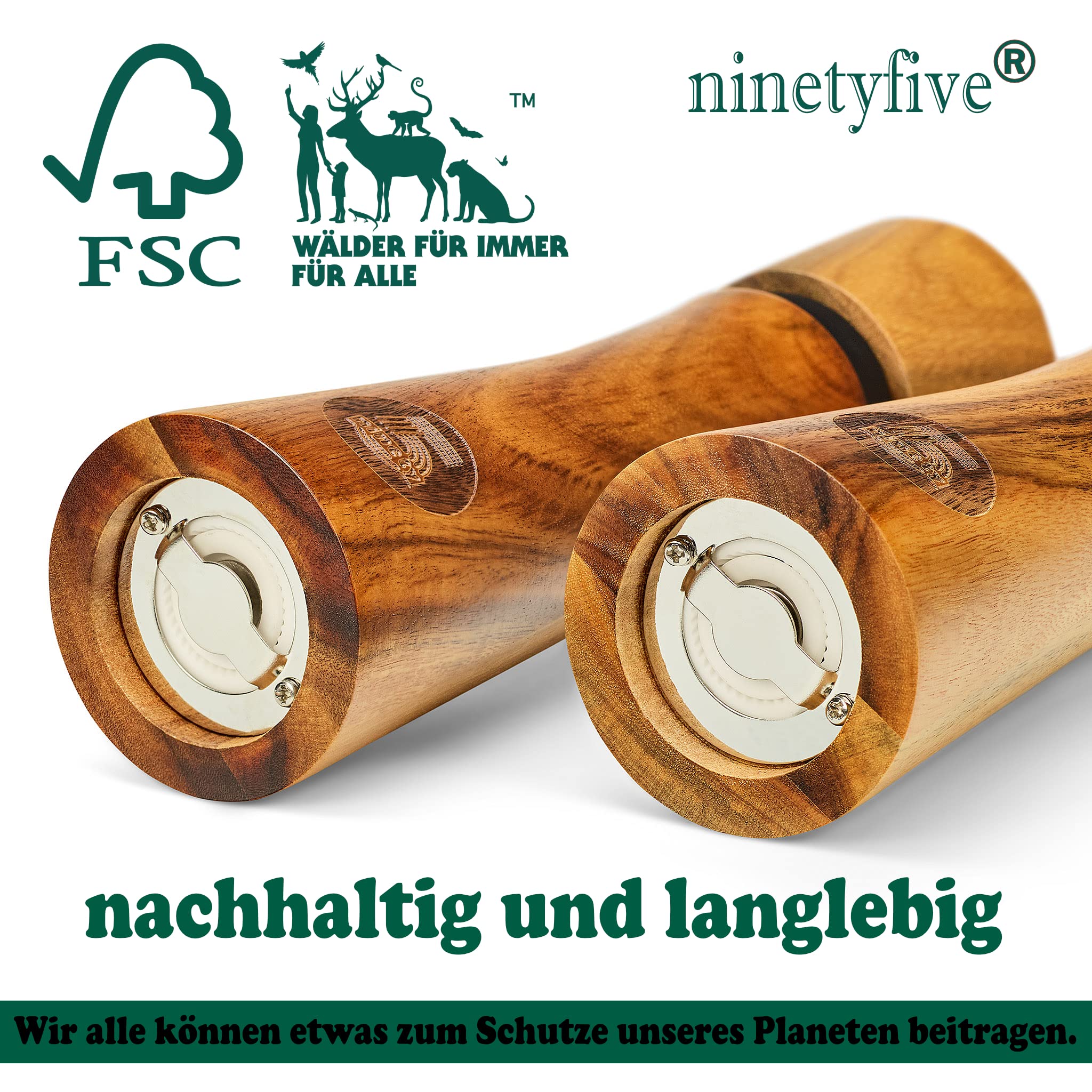 ninetyfive® edles Pfeffermühlen Set aus Holz | Salz und Pfeffermühle + Untersetzer und Einfülllöffel aus Akazienholz | Gewürzmühlen mit Keramikmahlwerk (21cm) | hochwertige Geschenk- Verpackung
