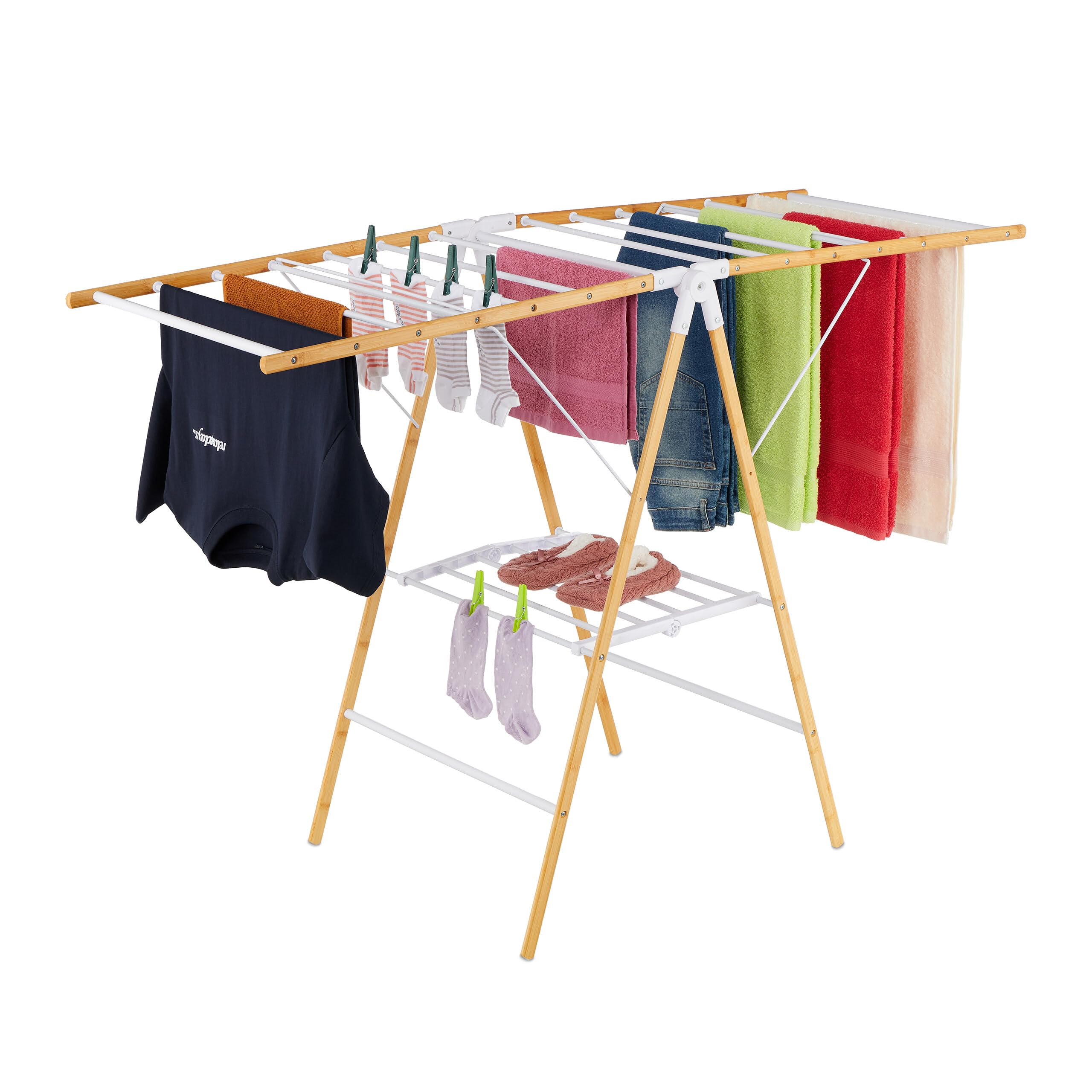 Étendoir à linge en bambou et métal Relaxdays - Séchoir pliable 2 étages blanc