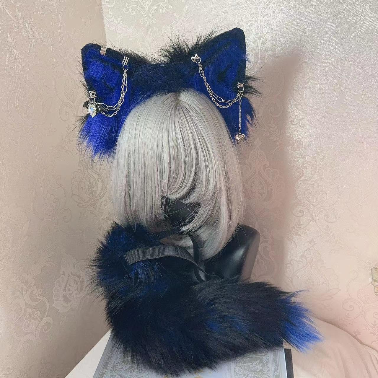 Ekwikzz Wolf Ears Tail Set Fox Wolf Headbands Clips Fluffy Cosplay Costumes, Gothic Punk Accessories for Halloween: Gem D Bu Bl