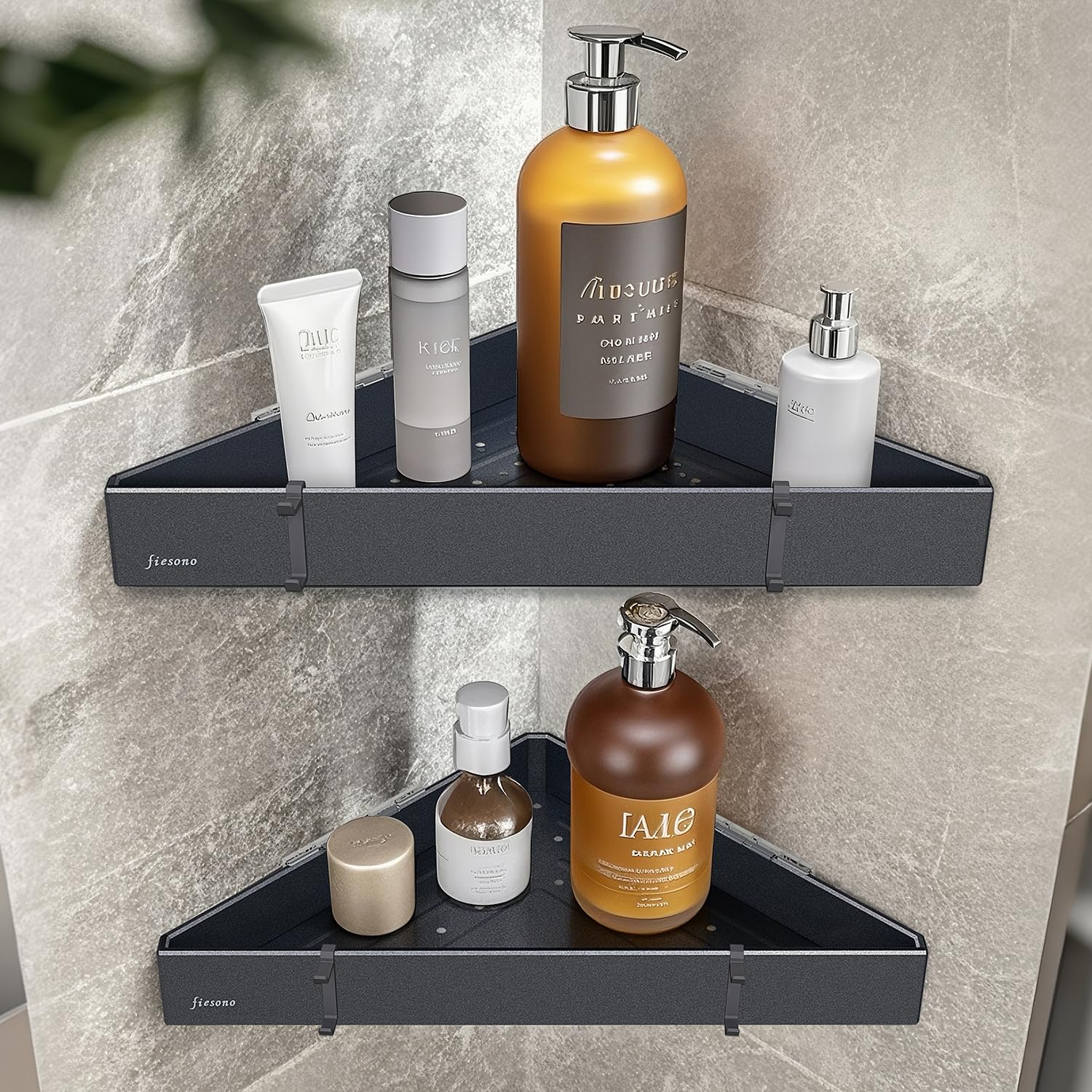 FIESONO Corner Shower Shelves with Hooks Rustproof Metal 2-Tier Shower Corner Caddy Organizer for Bathroom Toilet Kitchen Fast