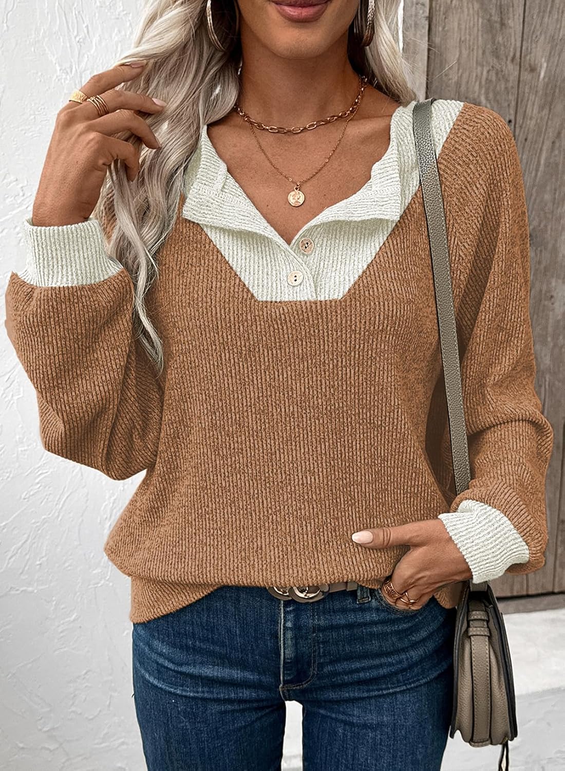 EVALESS Womens Spring Fashion 2026 Womens Long Sleeve Shirts Patchwork Button Up V Neck Sweatshirt Casual Pullover Tops - Image 3