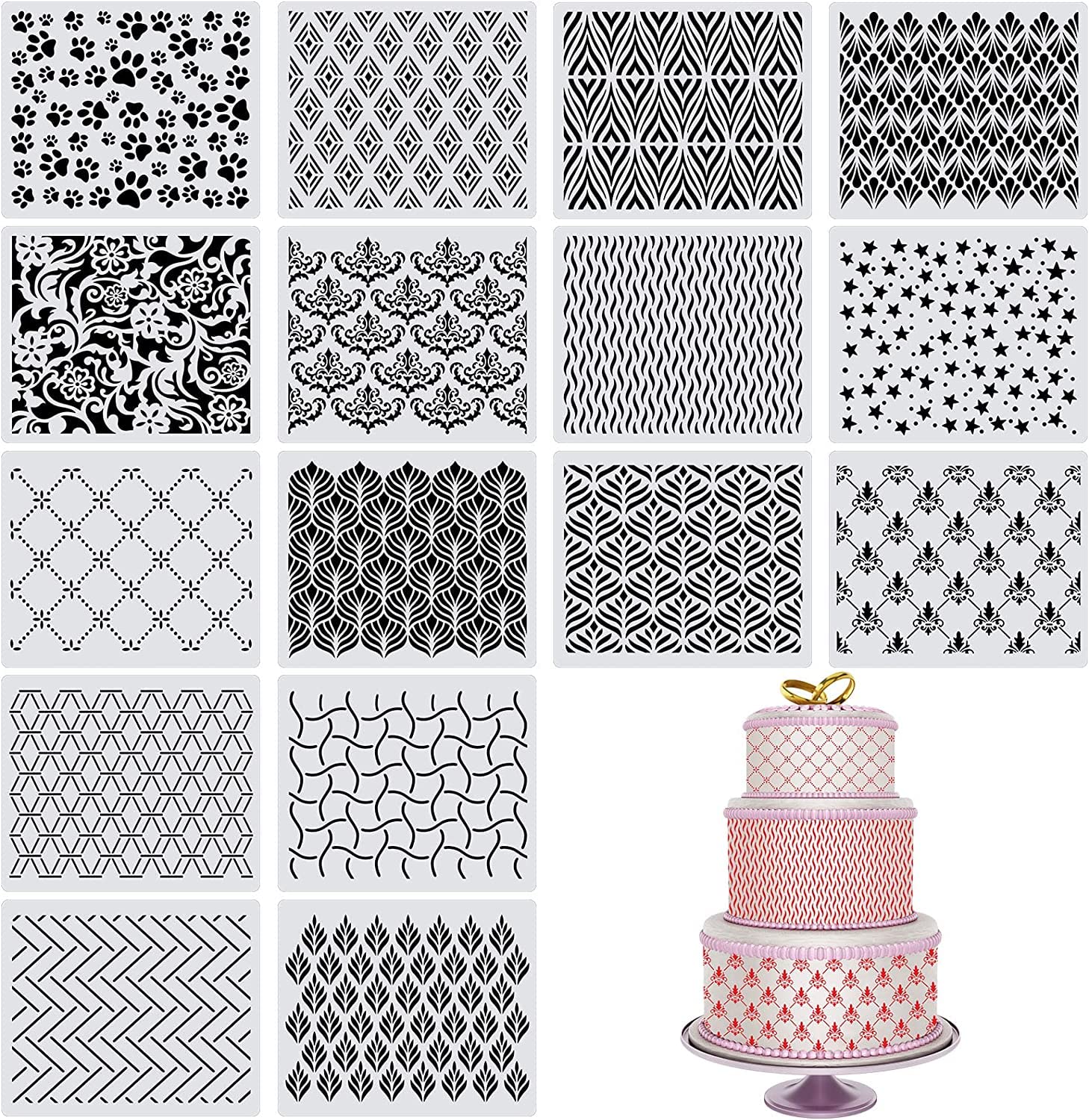 Ivana's 16 Pcs Cake Decorating Stencils Templates Floral Wedding Cake Molds Cookie Fondant Dessert Decorating Supplies Spray Flower Edge Molding Baking Mesh Tool Cake Decor, 25 x 21 cm, CK-25