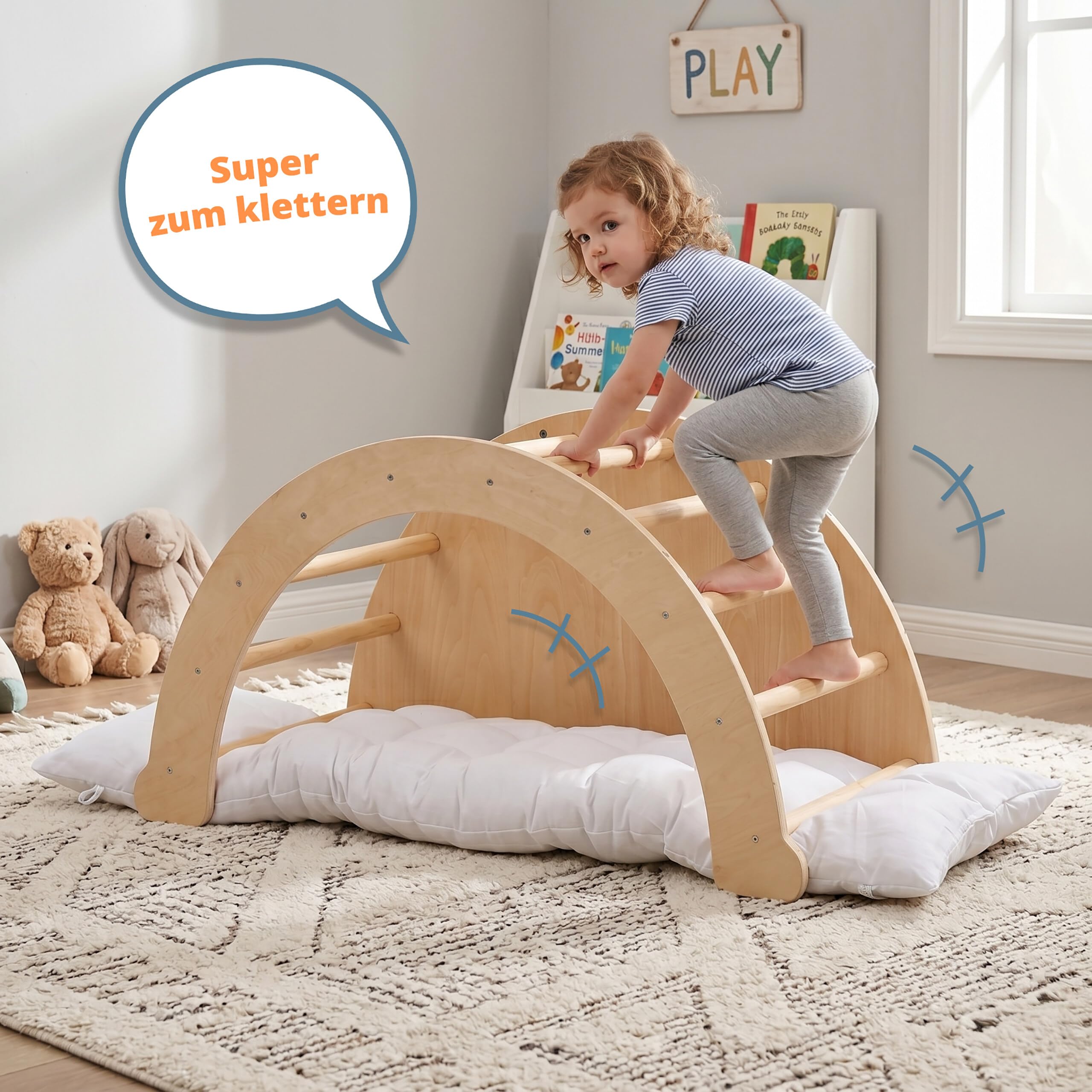 Relaxdays Kletterbogen für Kinder, ab 18 Monaten, Holz, Kissen, Natur/weiß