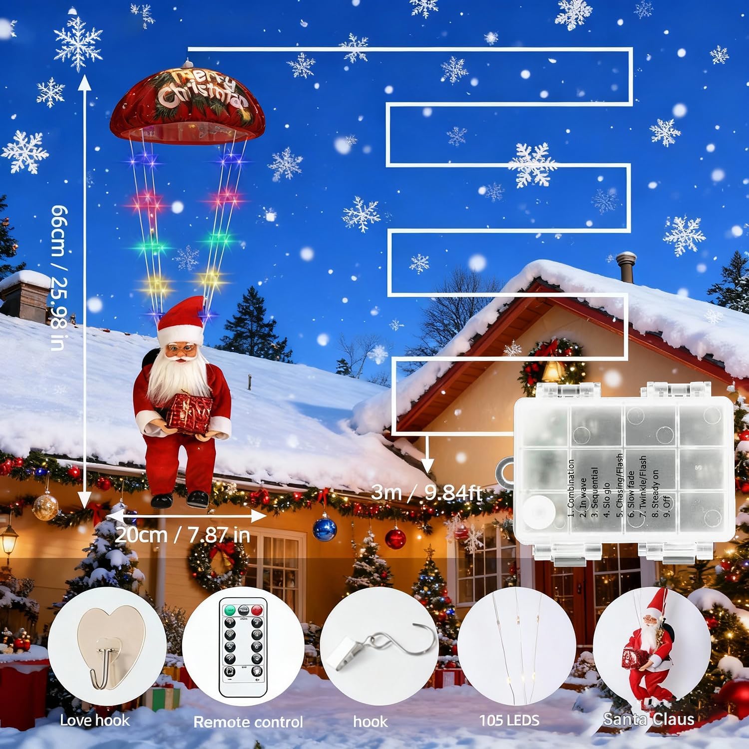 Christmas Decorations Santa Claus Lights,LED Parachute Lights,3AA Battery Box Christmas Decor Window Lights Outdoor, Hanging Xmas Lights, Holiday Indoor Porch Garden Party (Colorful LED)