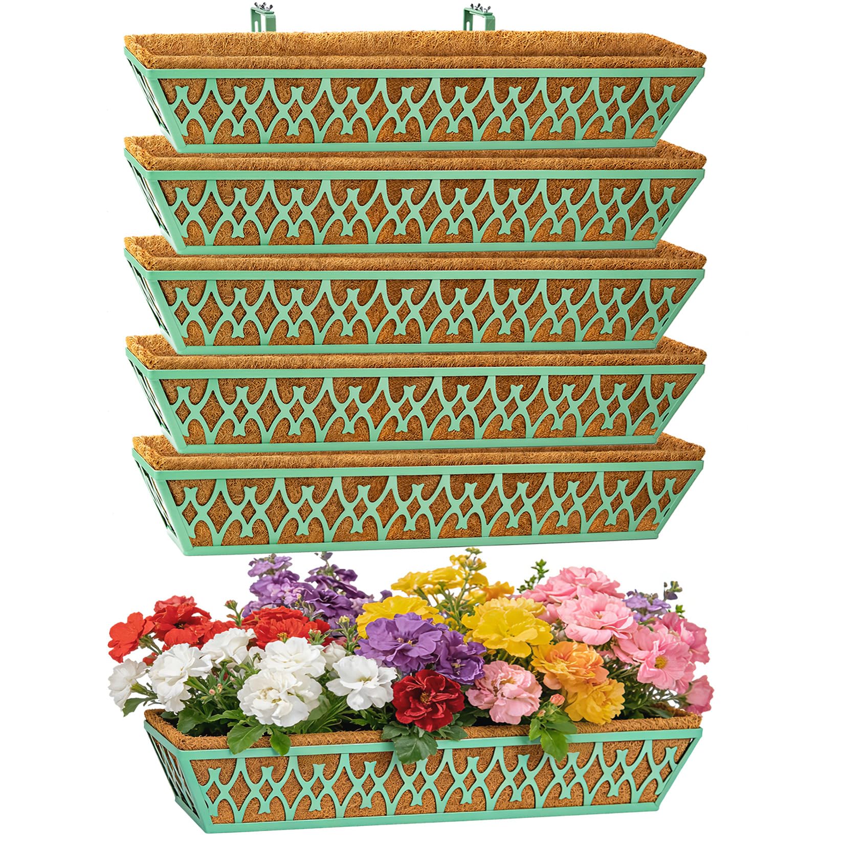 6 Pack 30 Inch Window Boxes Planters Railing Planter Box with Adjustable Brackets for Porch Fence Patio Balcony Hanging Flower Baskets with Coco Liners for Outdoor Garden Decor - Green