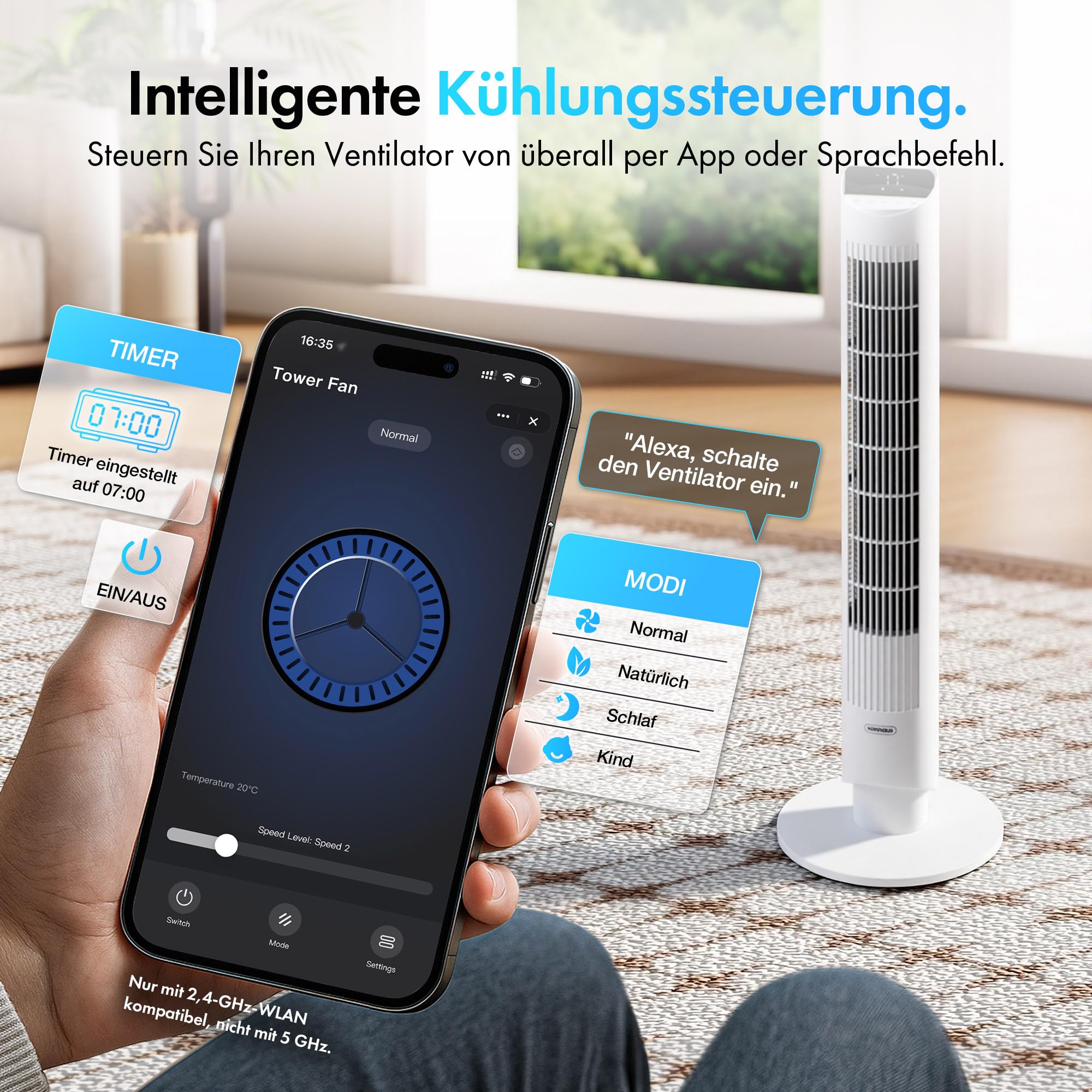 VonHaus Turmventilator 102 cm, Elektrischer Standventilator mit WiFi, Smart Steuerung Alexa/Google Home, Fernbedienung, 12H Timer, 70° Oszillation