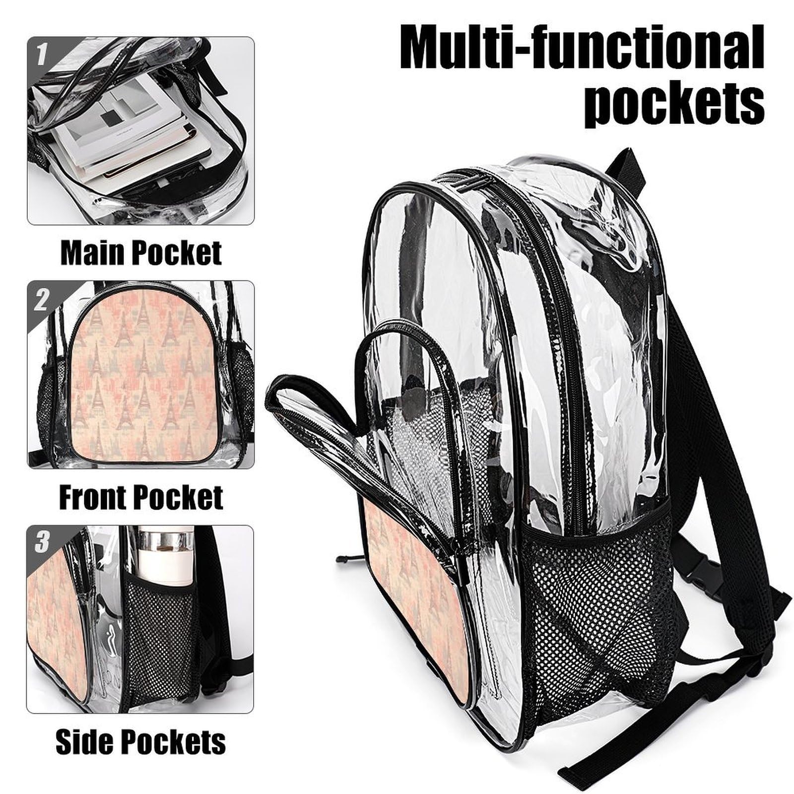 Rucksack mit Eiffelturm-Muster, Frankreich, transparent, transparent, aus PVC, für Sicherheit, Arbeit, Reisen, Stadion