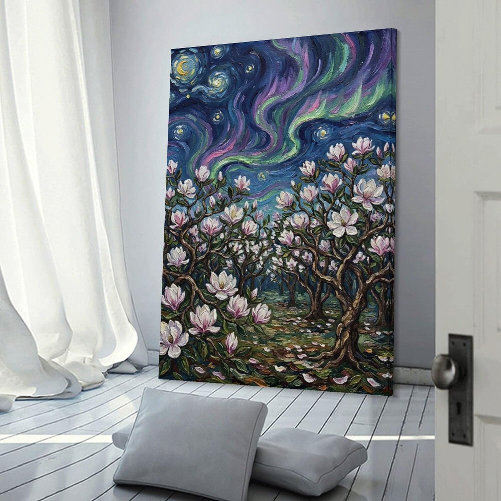Junmoney Magnolia Trees Under Aurora Painting Canvas Wall Decor, 20x30inch(50x75cm), for Bedroom, Guest Room Or Reading Nook, Canvas Wall Decor for Personal Spaces