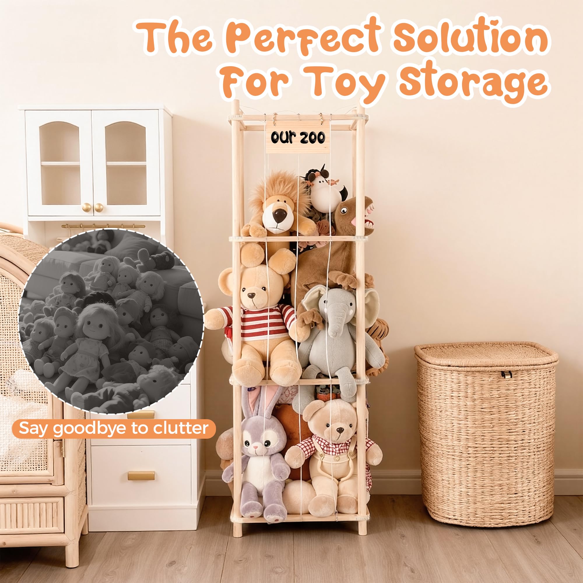LAMU Kuscheltier Aufbewahrung, Stofftier Plüschtier Aufbewahrung aus Holz mit Elastischen Kordeln, Spielzeug Organizer Extra Große Kapazität für Babyzimmer Wohnzimmer Schlafzimmer, W 39.5cm, 3 Tier
