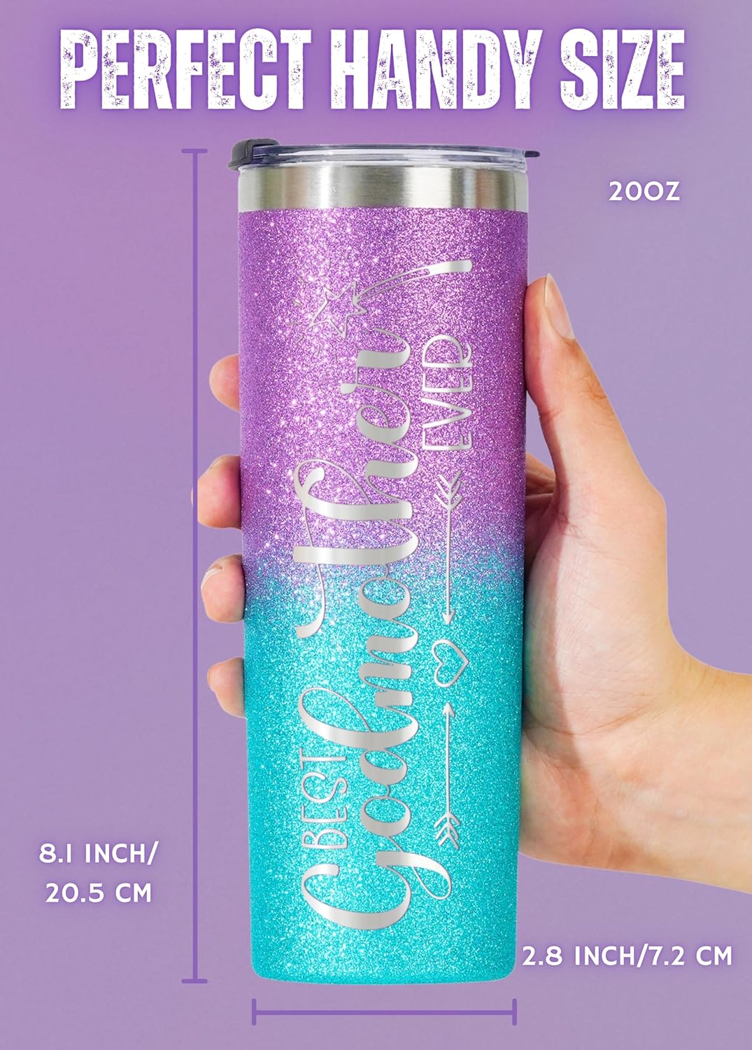 Onebttl Godmother Gifts: Mothers Day Gifts for Best Friend, Aunt, Sister - 20 oz Skinny Stainless Steel Tumbler Travel Mug, Glitter Blue Purple