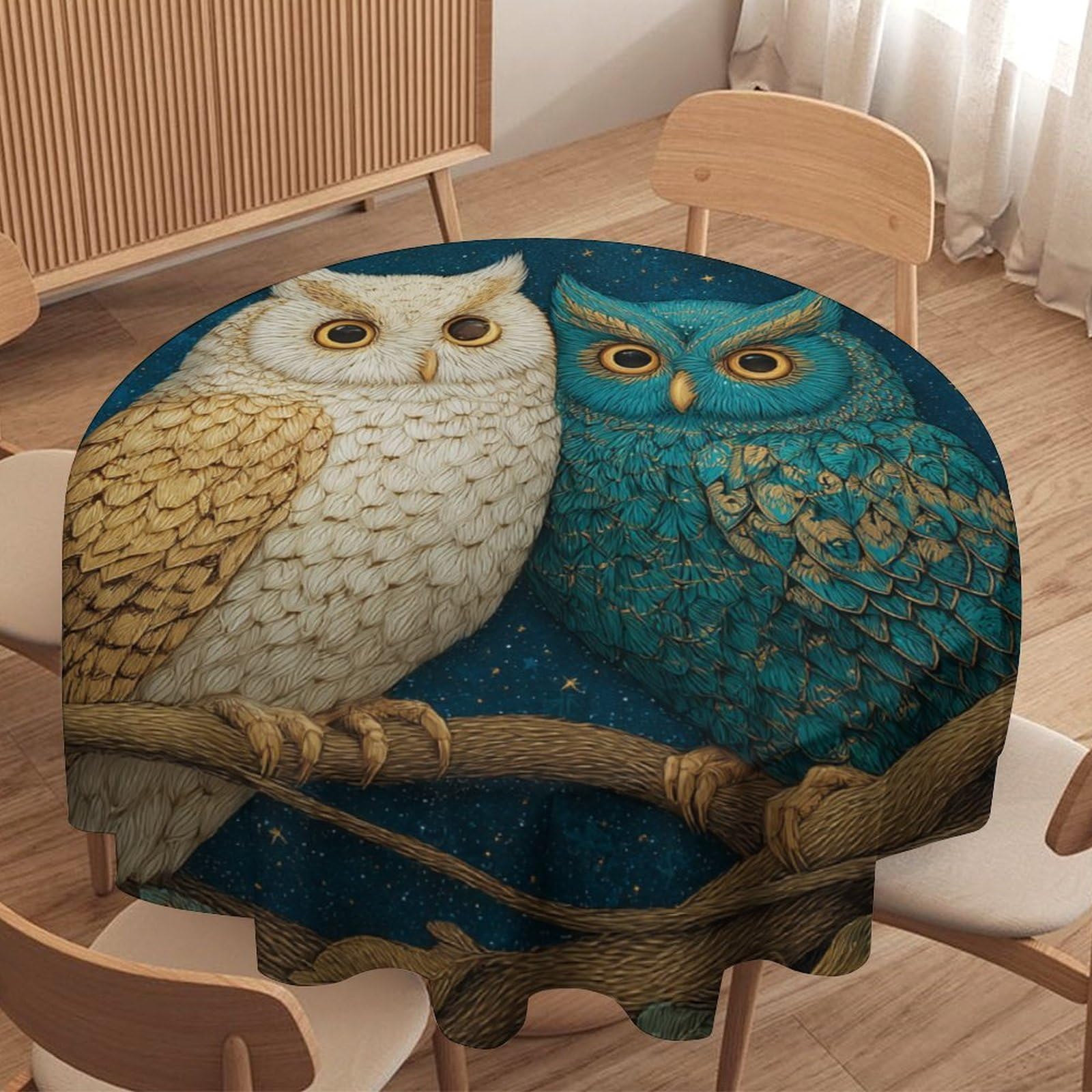 LUYYSKY Vintage Abstract Birds Owls Round Tablecloth Beautiful Rustic Galaxy Plants Trees Animals Owls Print Washable Decor for Table Cover for Kitchen-70 Wx70 L