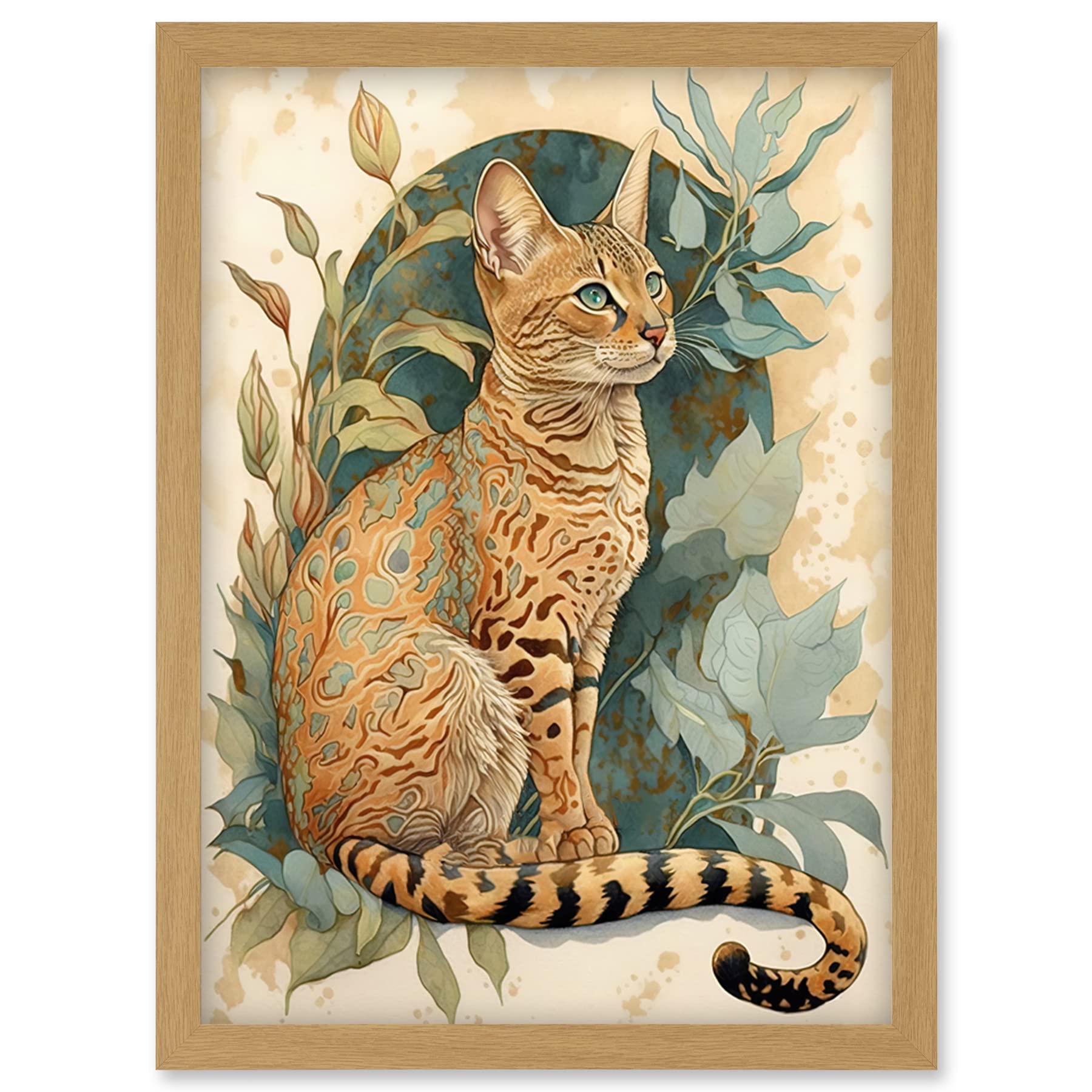 Artery8 Ocicat Cat with Teal Rosette Pattern Fur and Leafy Plants Watercolour Illustration Artwork Framed Wall Art Print A4