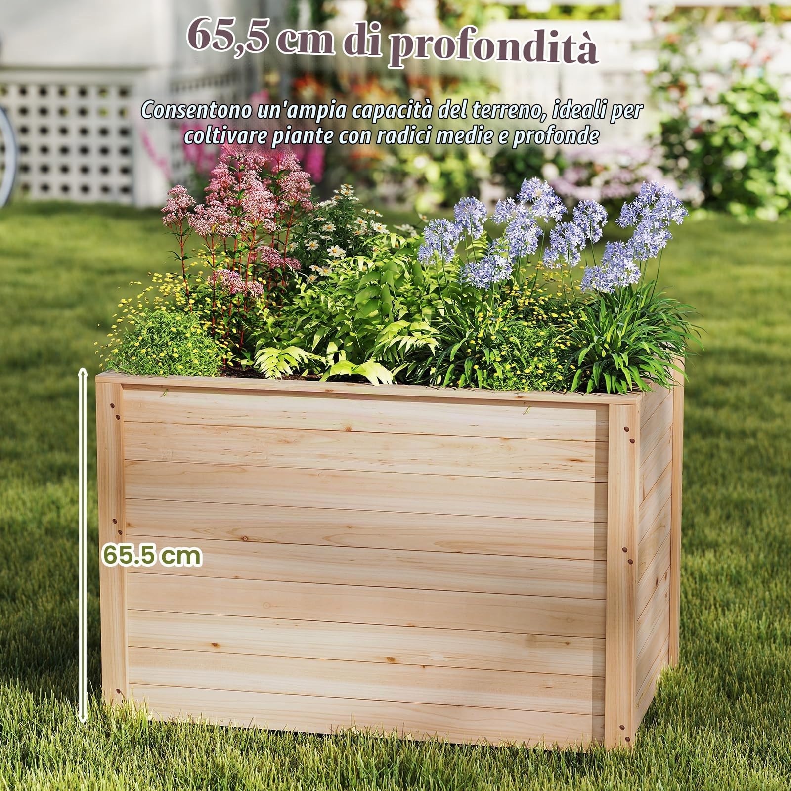 HOMASIS Vaso Rettangolare in Legno di Abete, Orto Rialzato da Esterno con Base Aperta, Fioriera Rialzata da Giardino, Balcone o Terrazza per Fiori, Erbe, Frutta e Verdura, 100 x 64 x 65,5 cm, Naturale
