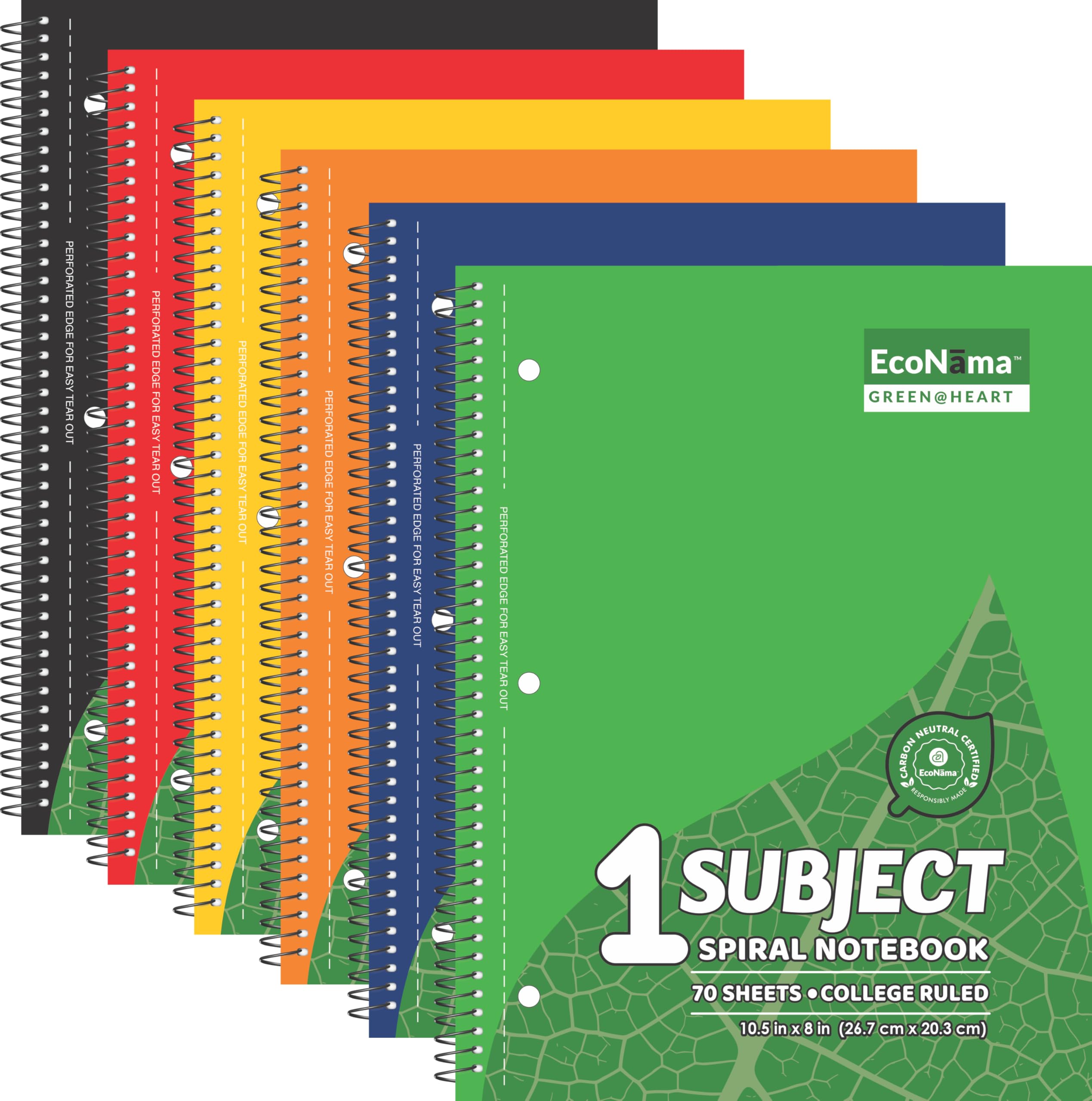Cuaderno con espiral, rayado universitario, 140 páginas (70 hojas) de 8 x 10.5 pulgadas, carbono perforado neutro, 3 agujeros, ecológico, suministros escolares y de oficina, paquete de 6