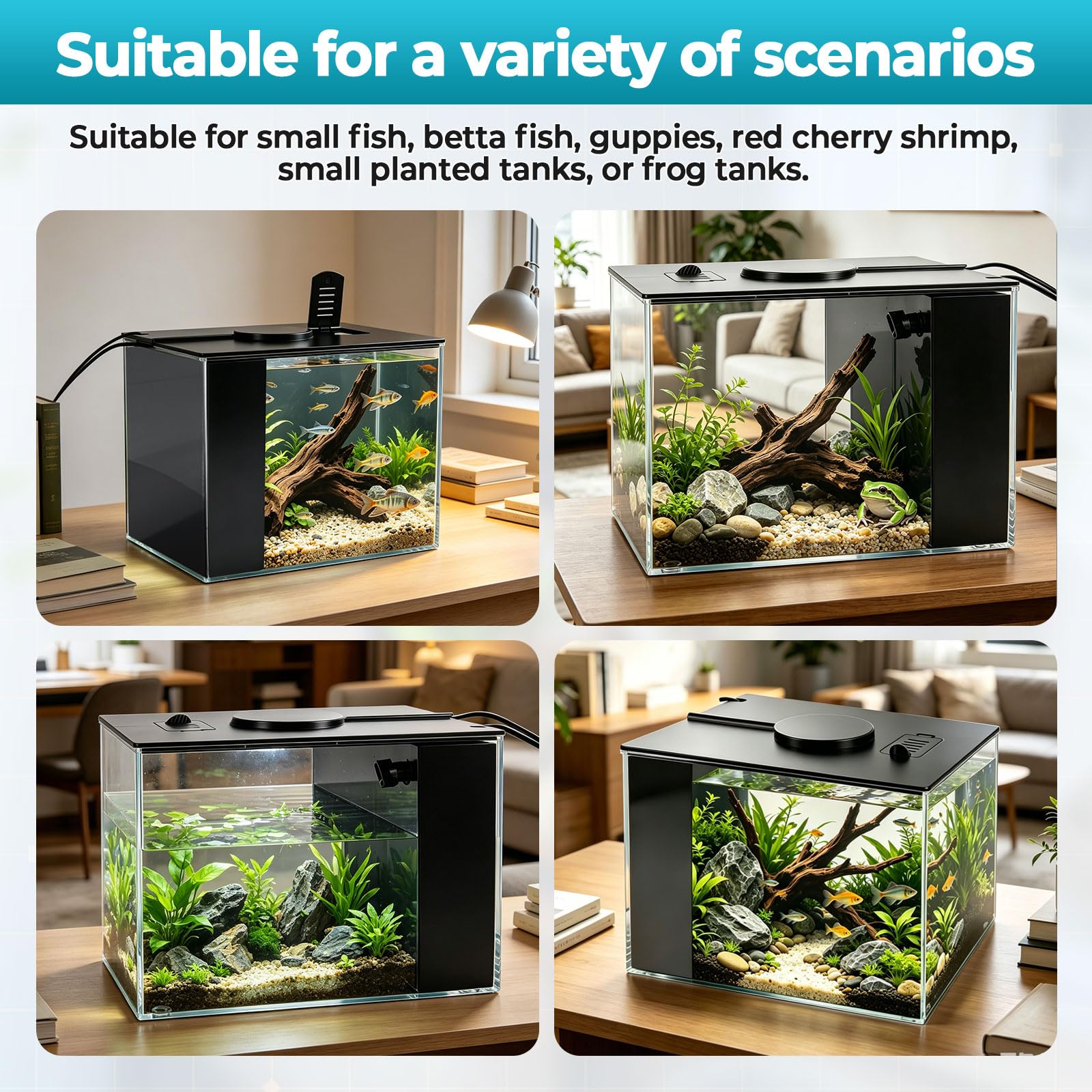 Betta Fish Tank, pequeño acuario de plástico con cubierta y luz LED, kit de inicio de acuario con sistema de filtro, mini pecera de escritorio para camarones Betta