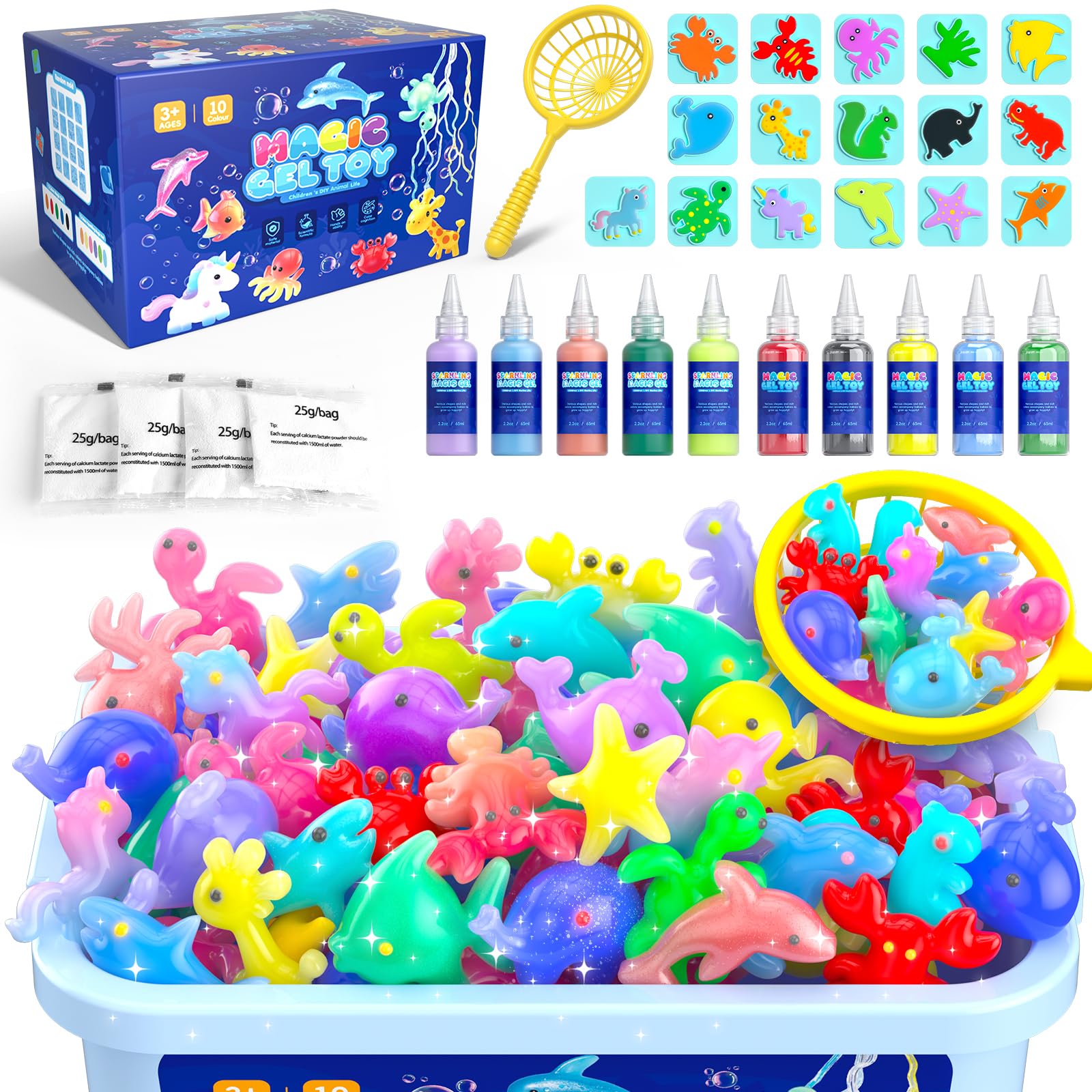 Hot Bee Magic Water Gel Kinder Spielzeug ab 4 5 6 7 Jahre DIY Magic Jelly Elf Kit Aqua Gelz Set 10 Farben 8 Doppelseitig Formen Geburtstag Geschenk für Mädchen Jungen 4 5 6+ Meerestier & Tierfiguren